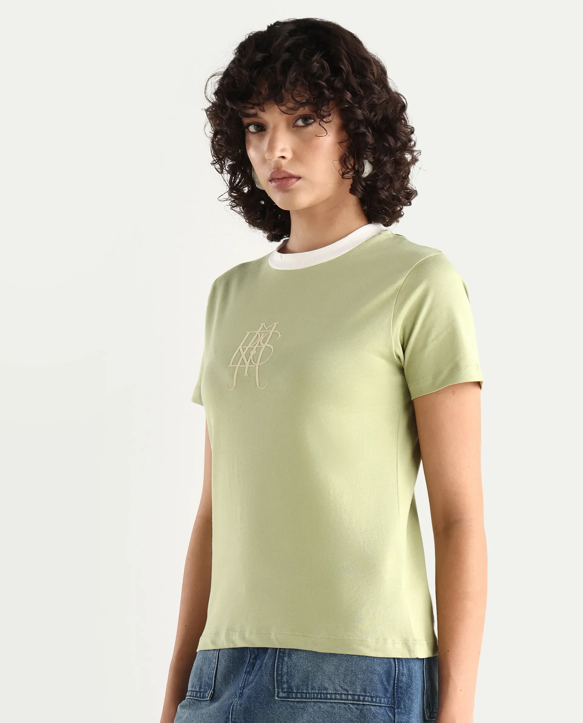 Rareism Women's Cosme Light Green Cotton Blend Crew Neck Graphic Print Regular Fit T-Shirt - Image 4