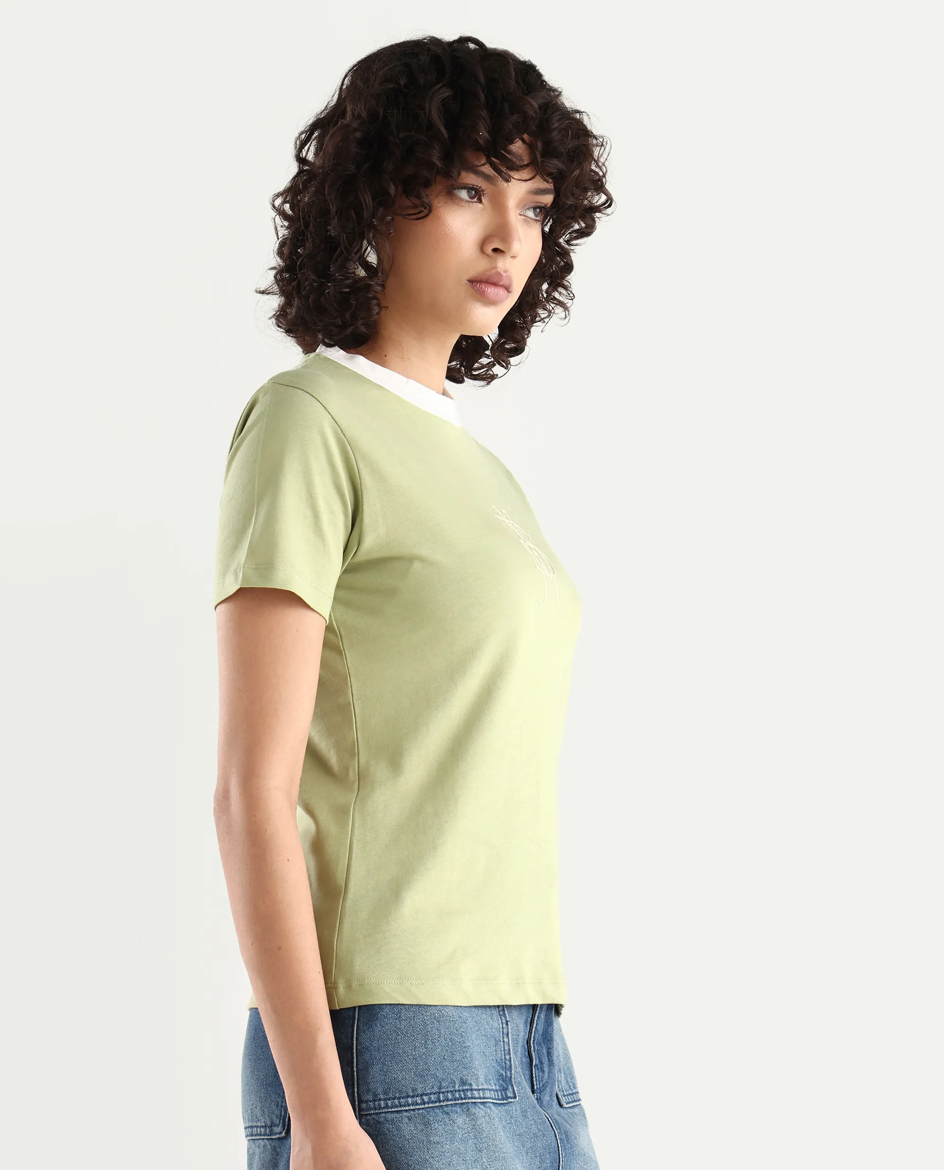 Rareism Women's Cosme Light Green Cotton Blend Crew Neck Graphic Print Regular Fit T-Shirt - Image 5
