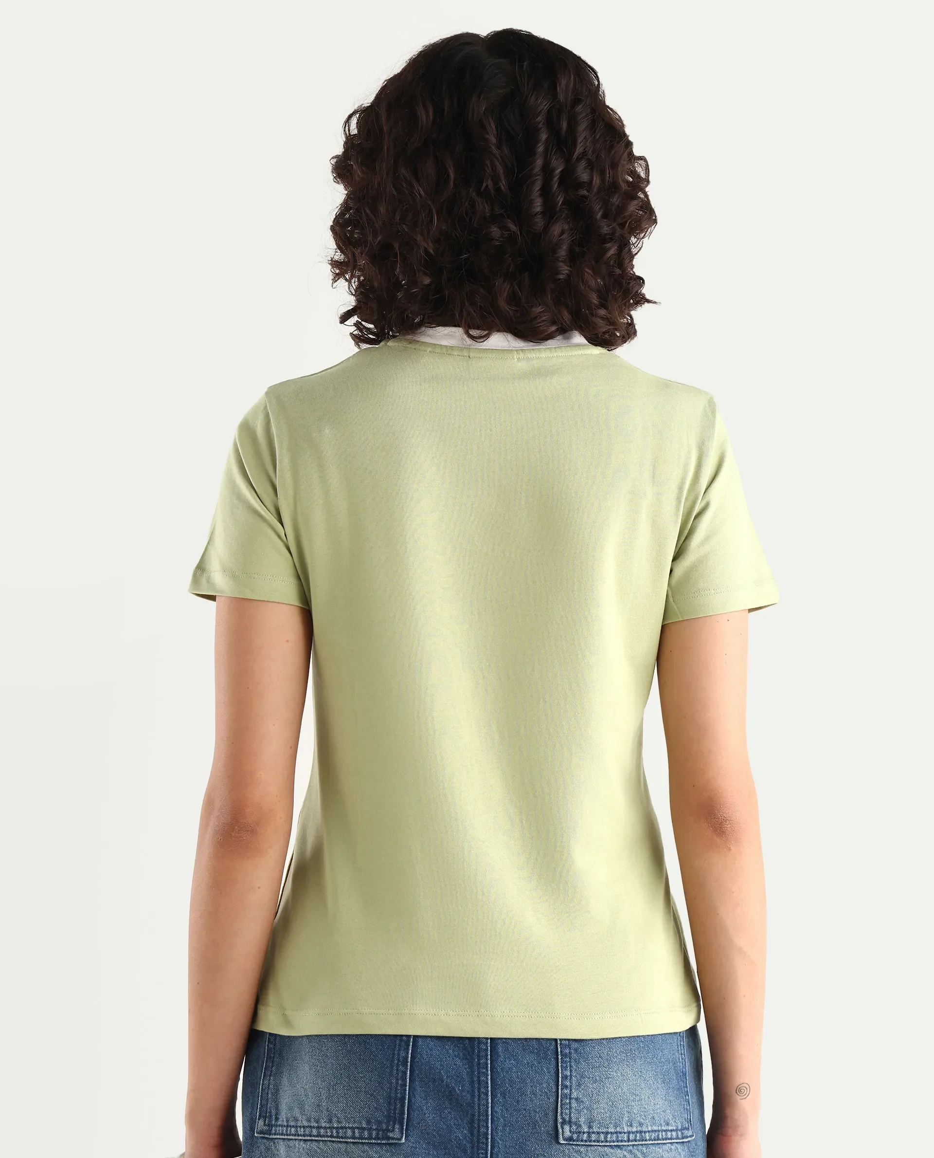Rareism Women's Cosme Light Green Cotton Blend Crew Neck Graphic Print Regular Fit T-Shirt - Image 6