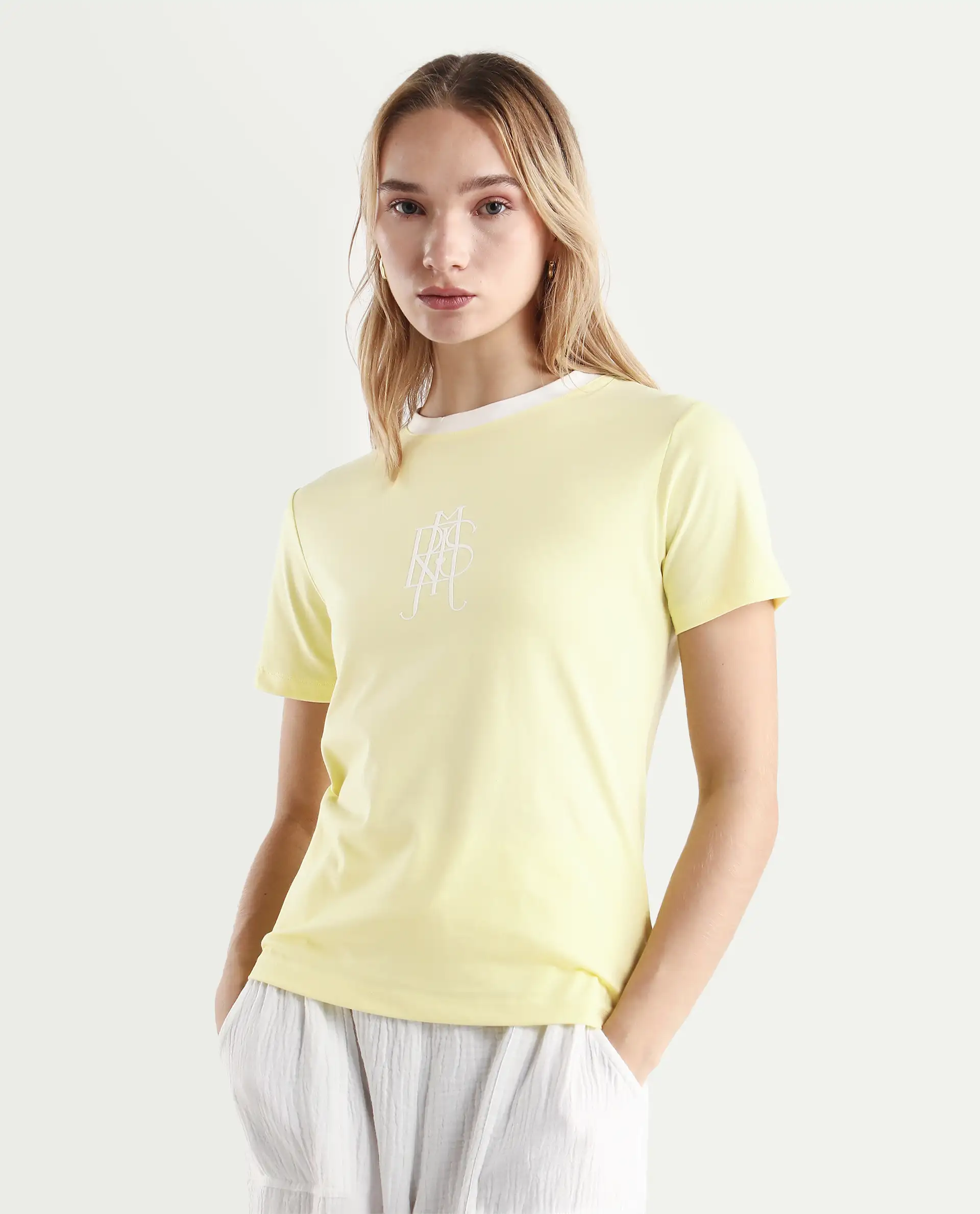 Rareism Women's Cosmo Yellow Cotton Blend Crew Neck Graphic Print Regular Fit T-Shirt - Image 3