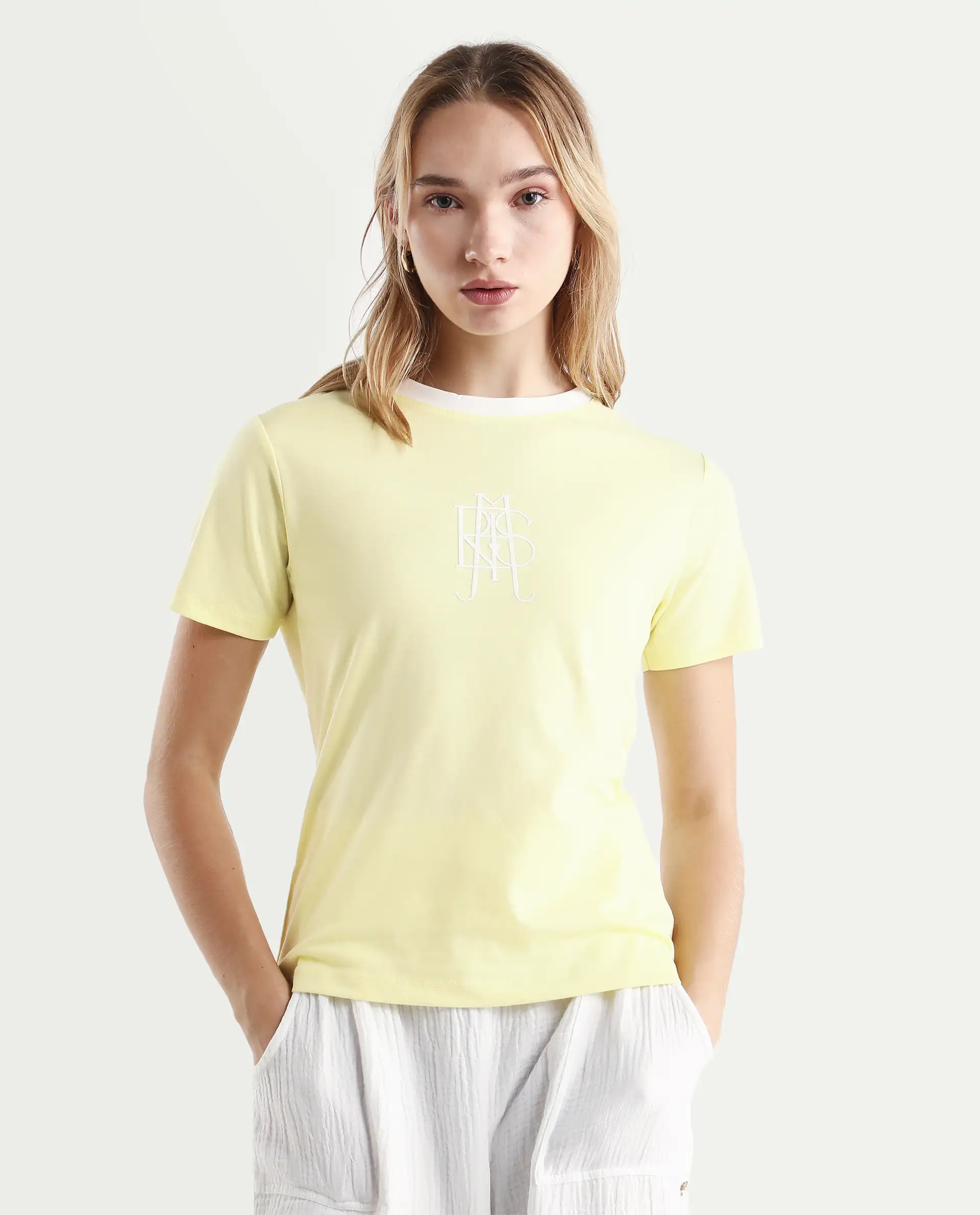Rareism Women's Cosmo Yellow Cotton Blend Crew Neck Graphic Print Regular Fit T-Shirt - Image 4