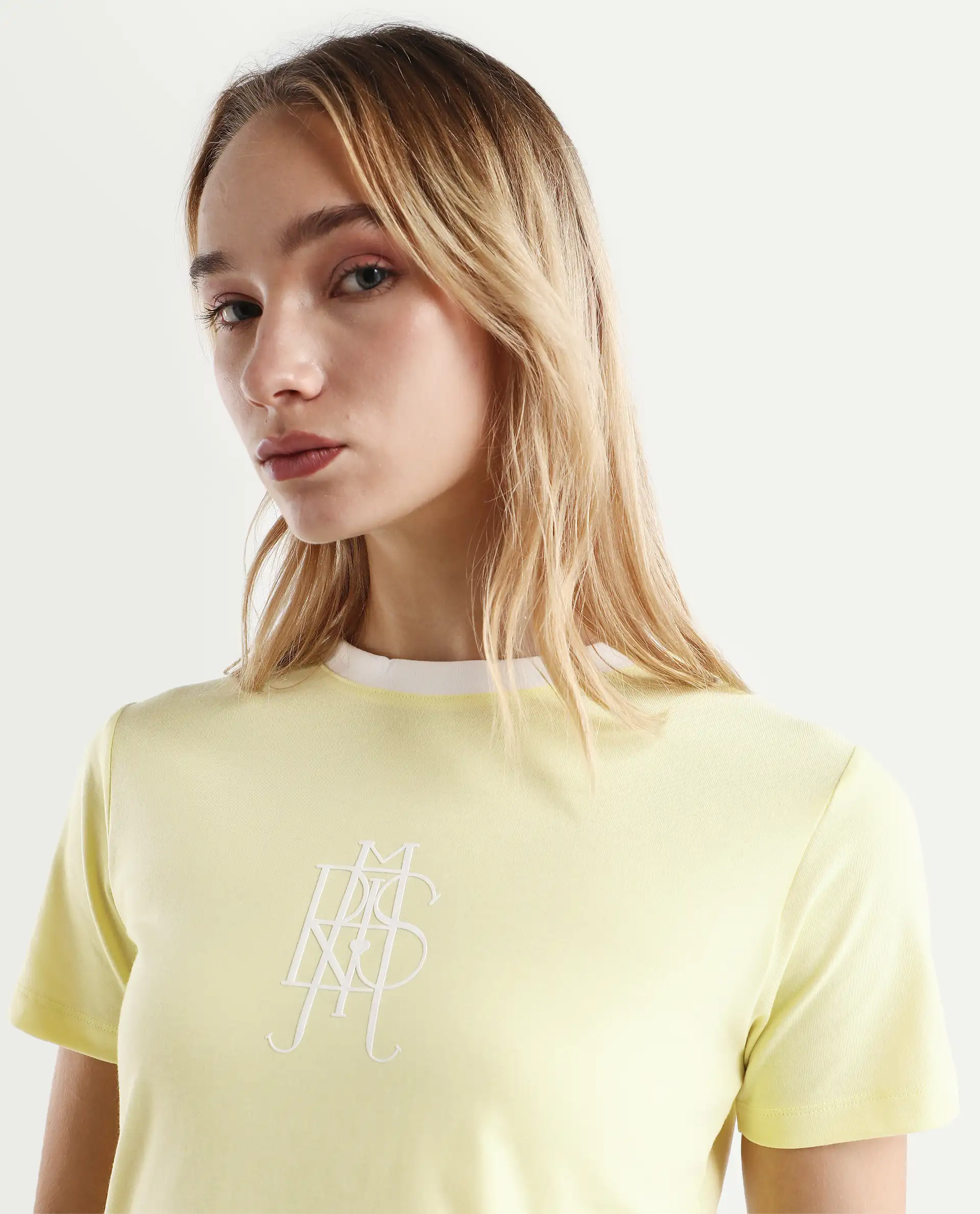 Rareism Women's Cosmo Yellow Cotton Blend Crew Neck Graphic Print Regular Fit T-Shirt - Image 5
