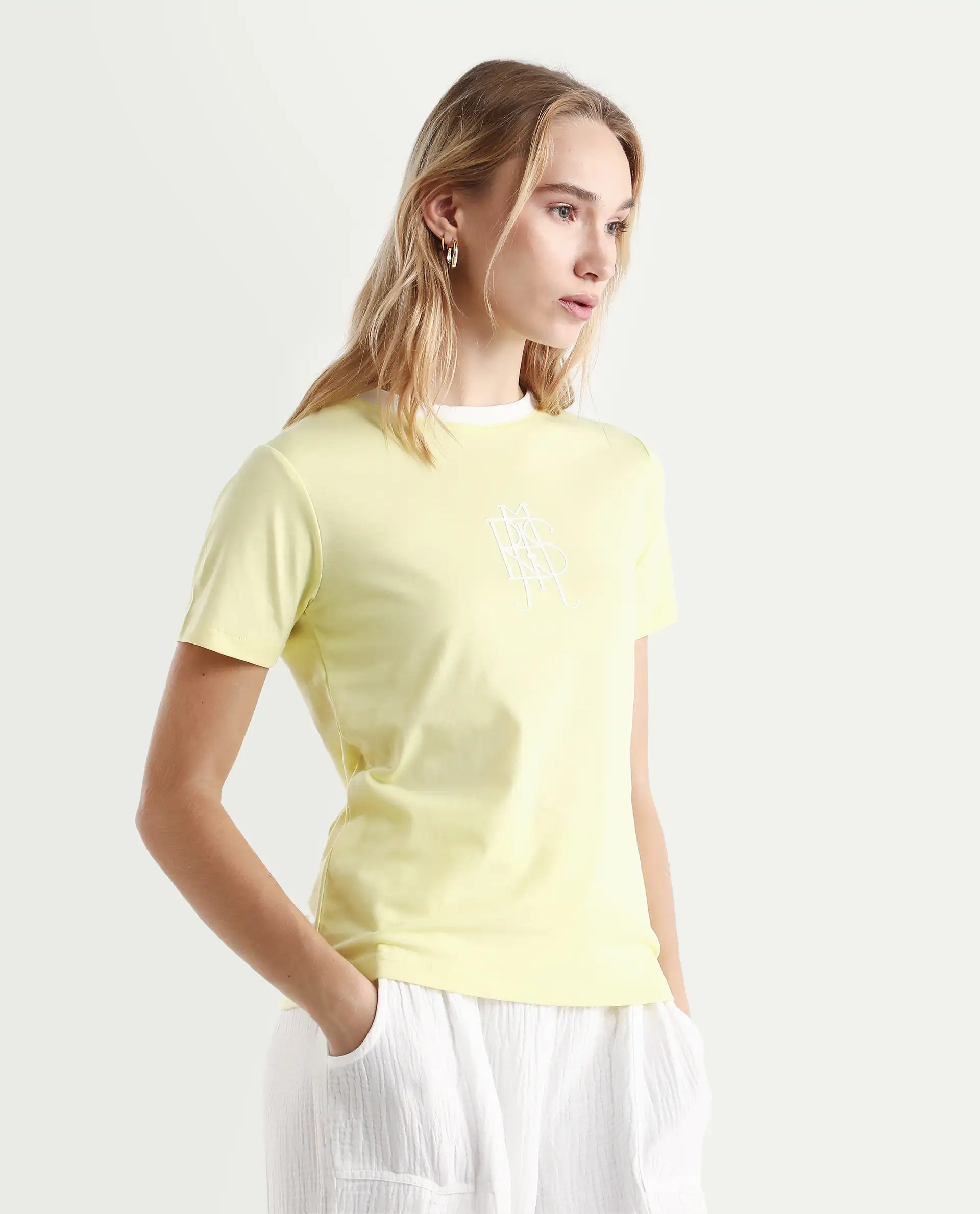 Rareism Women's Cosmo Yellow Cotton Blend Crew Neck Graphic Print Regular Fit T-Shirt - Image 6
