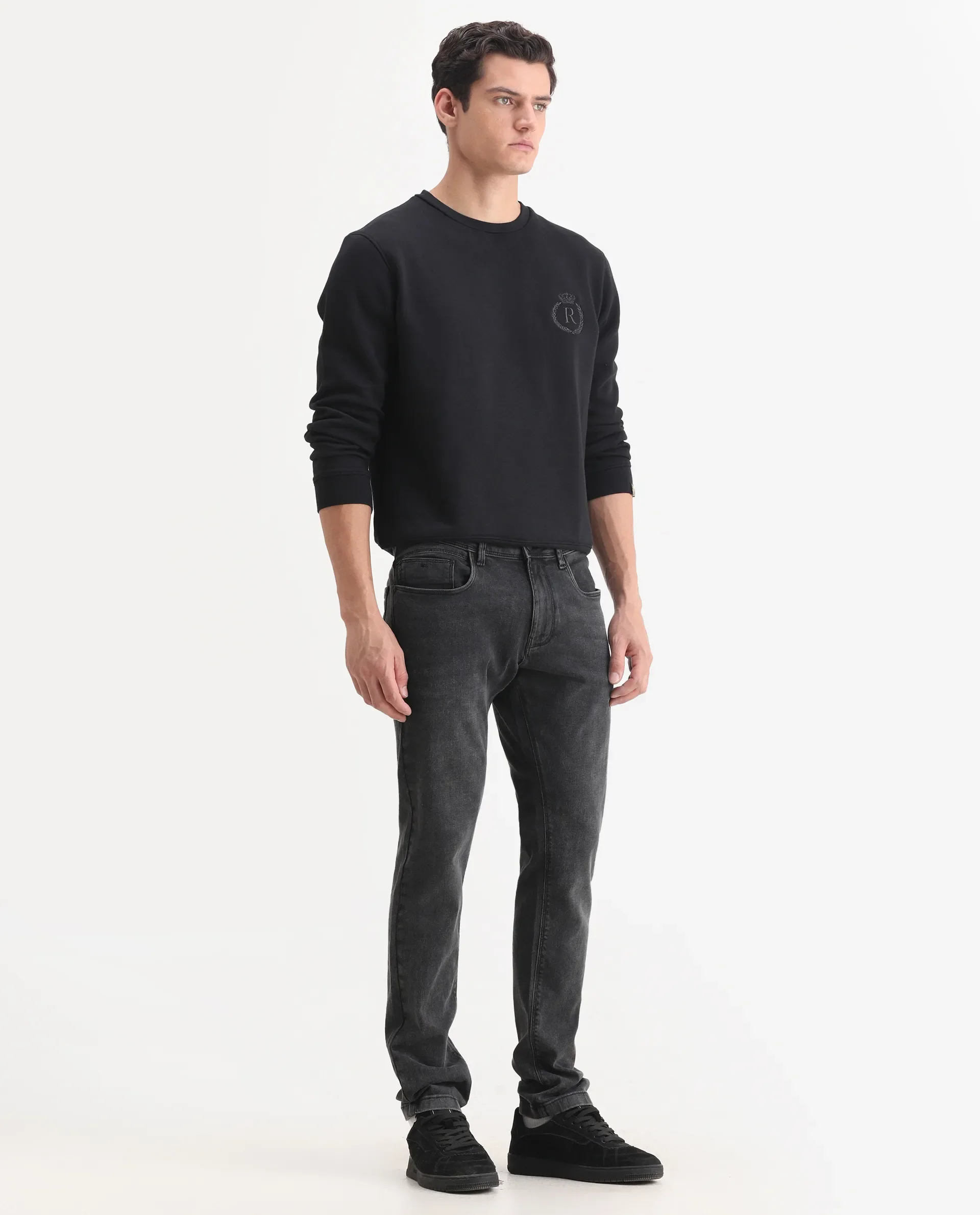 Rare Rabbit Men's Cosmog-1 Dark Grey Cotton Blend Fabric Hawk Slim Plain Jeans - Image 4