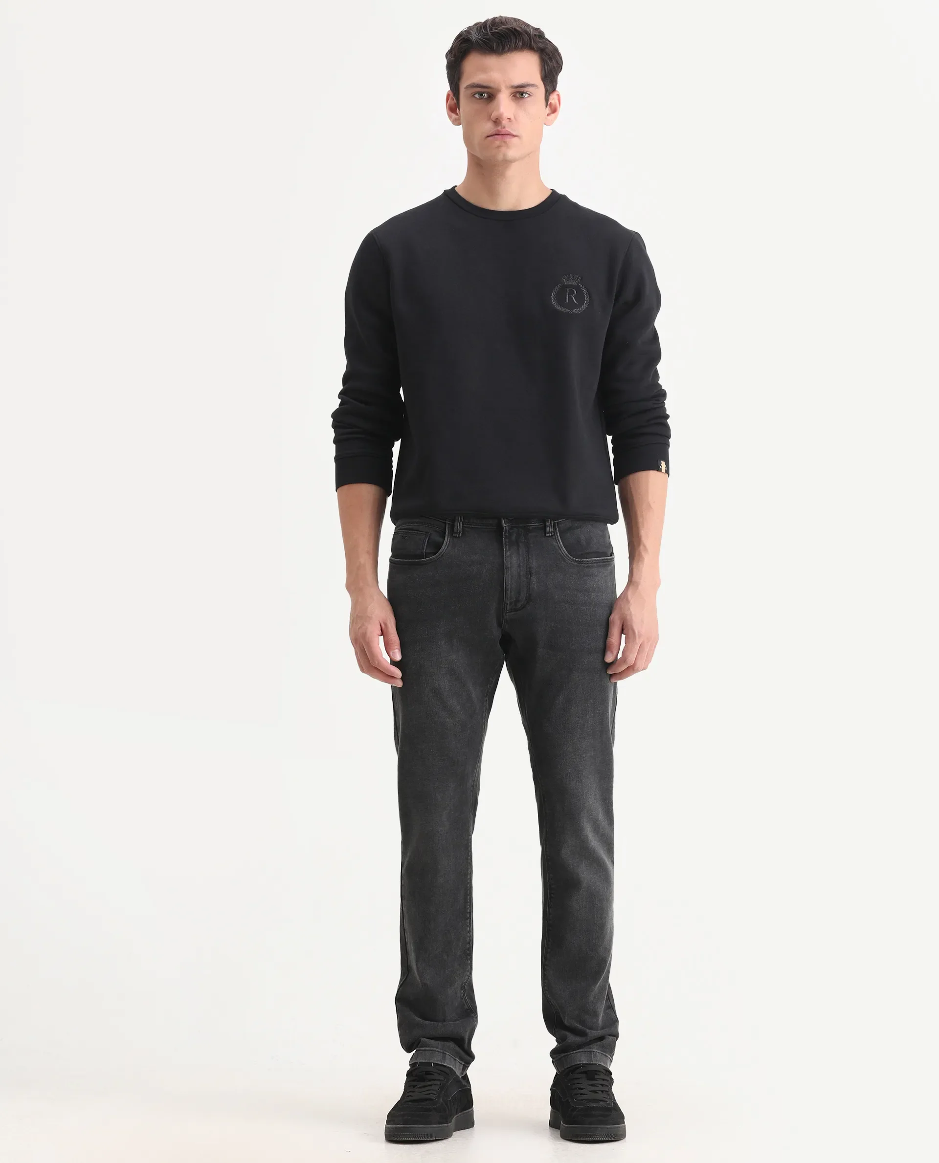 Rare Rabbit Men's Cosmog-1 Dark Grey Cotton Blend Fabric Hawk Slim Plain Jeans - Image 6