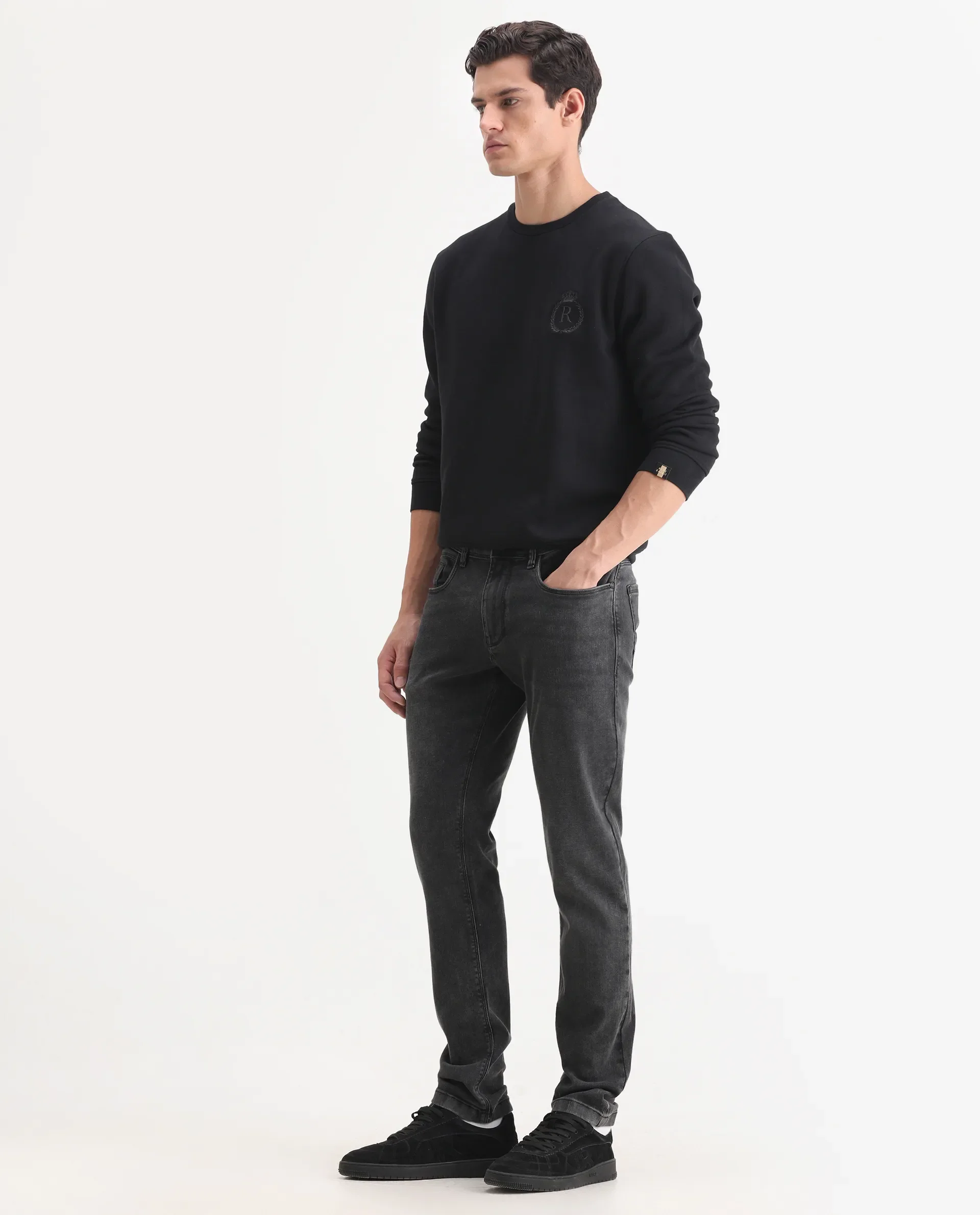 Rare Rabbit Men's Cosmog-1 Dark Grey Cotton Blend Fabric Hawk Slim Plain Jeans - Image 7
