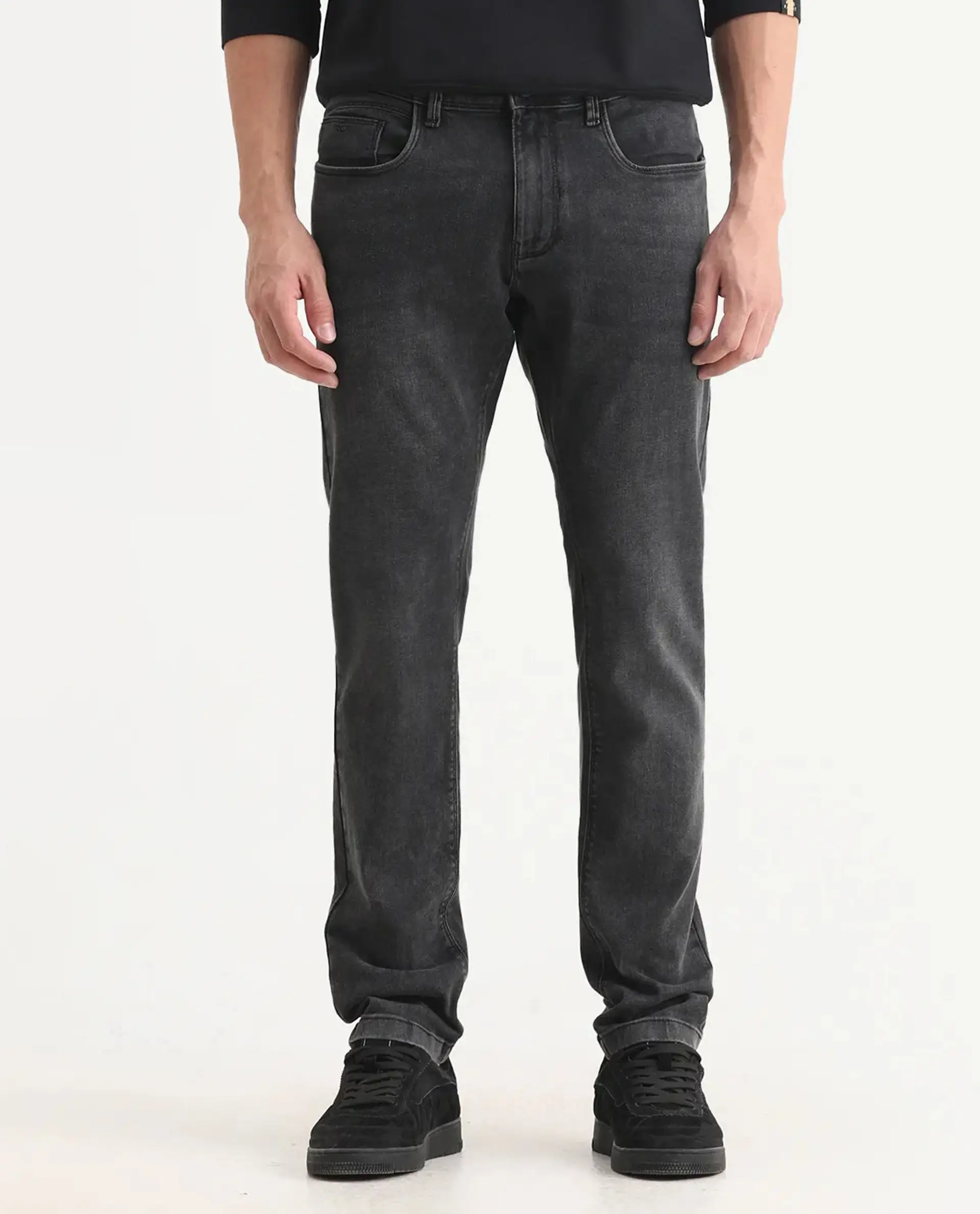 Rare Rabbit Men's Cosmog-1 Dark Grey Cotton Blend Fabric Hawk Slim Plain Jeans - Image 9