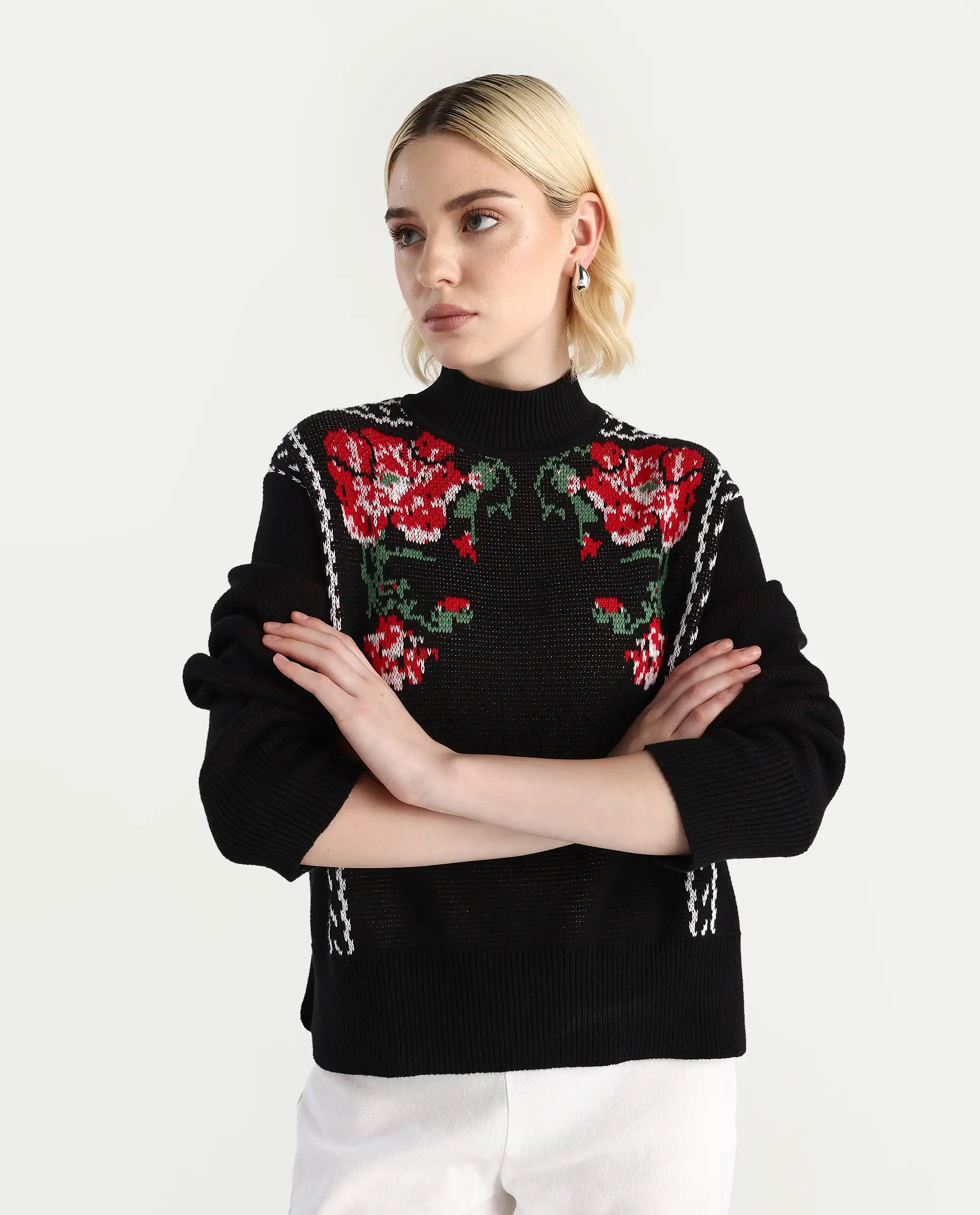 Rareism Women's Cosnew Black Cotton High Neck Relaxed Fit Sweater