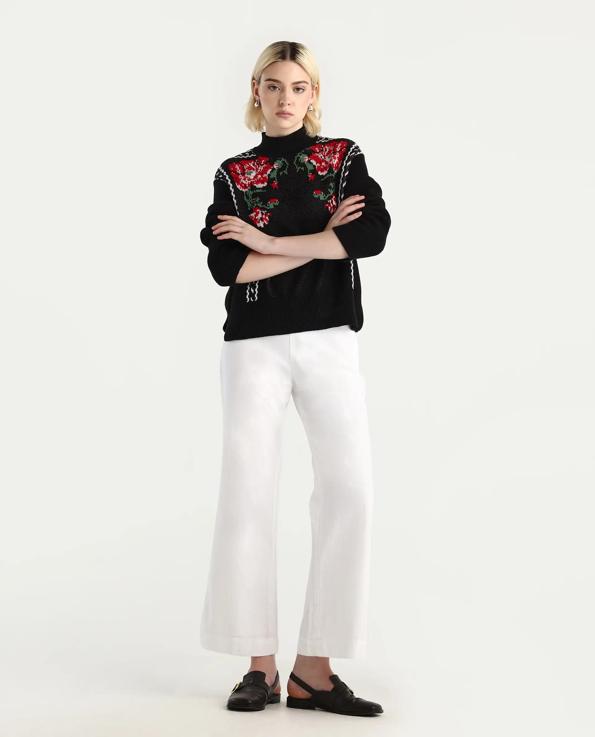 Rareism Women's Cosnew Black Cotton High Neck Relaxed Fit Sweater - Image 2