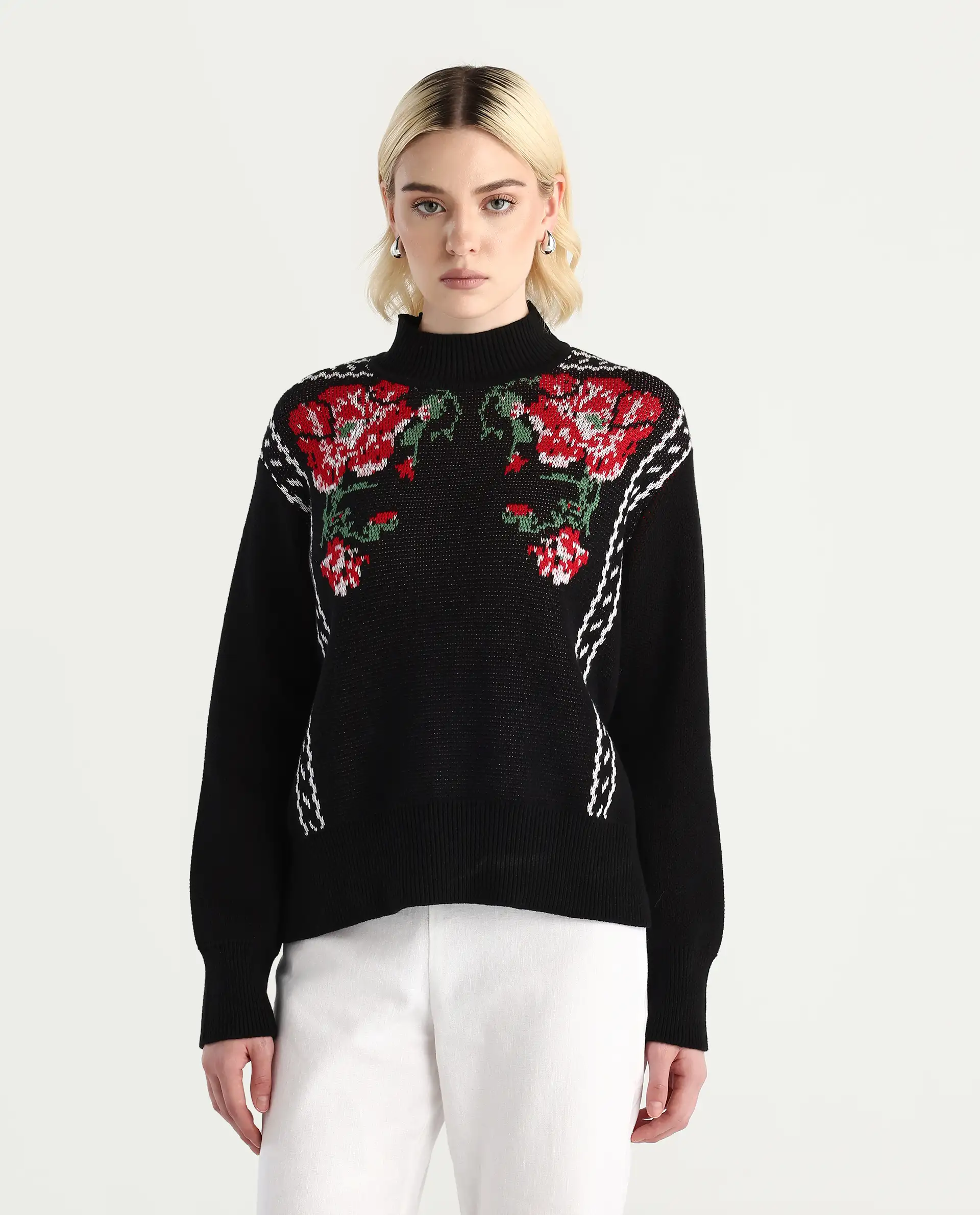 Rareism Women's Cosnew Black Cotton High Neck Relaxed Fit Sweater - Image 3