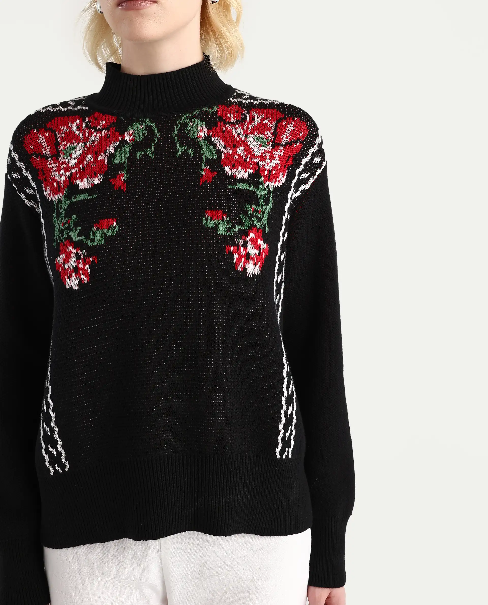 Rareism Women's Cosnew Black Cotton High Neck Relaxed Fit Sweater - Image 4