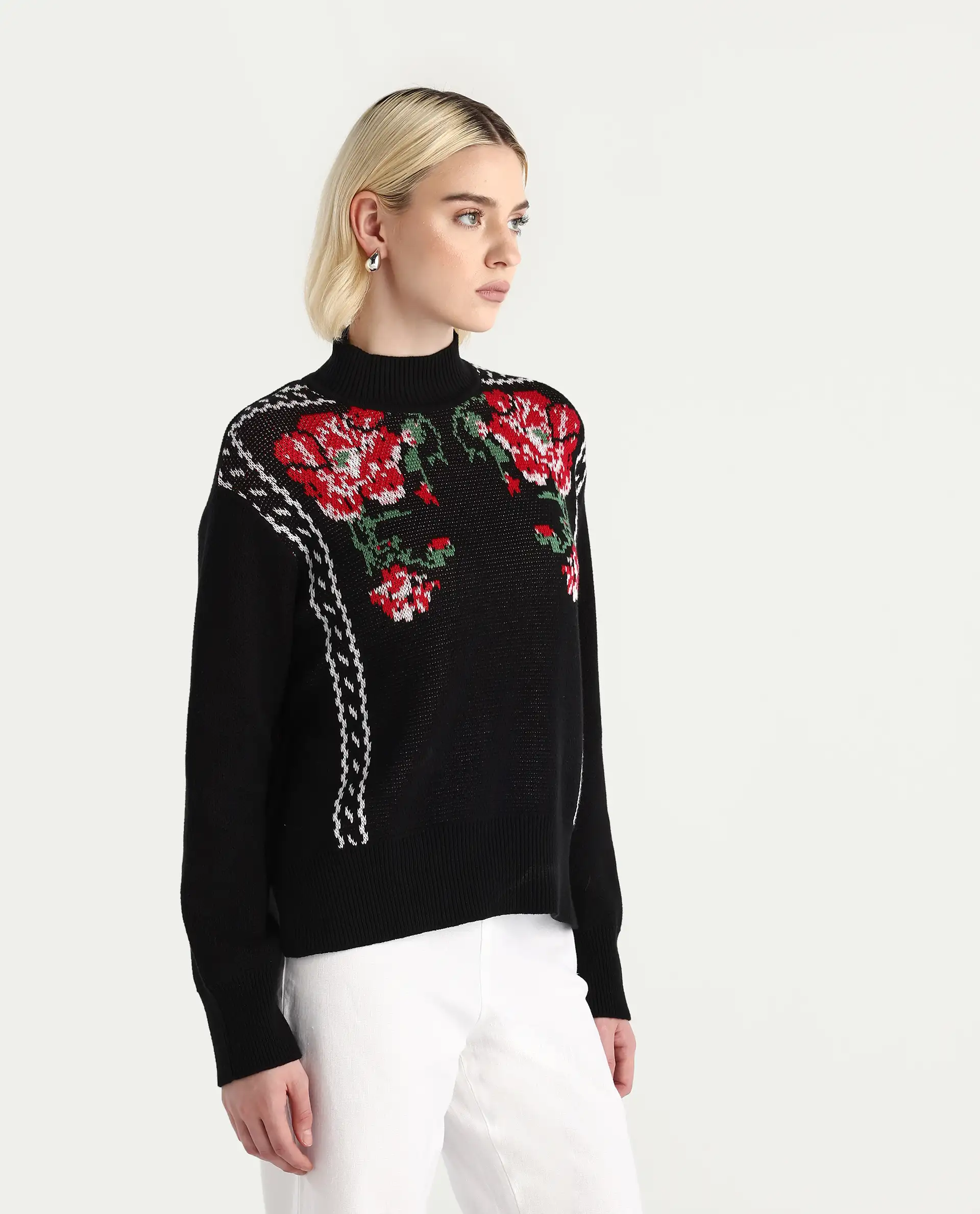 Rareism Women's Cosnew Black Cotton High Neck Relaxed Fit Sweater - Image 5