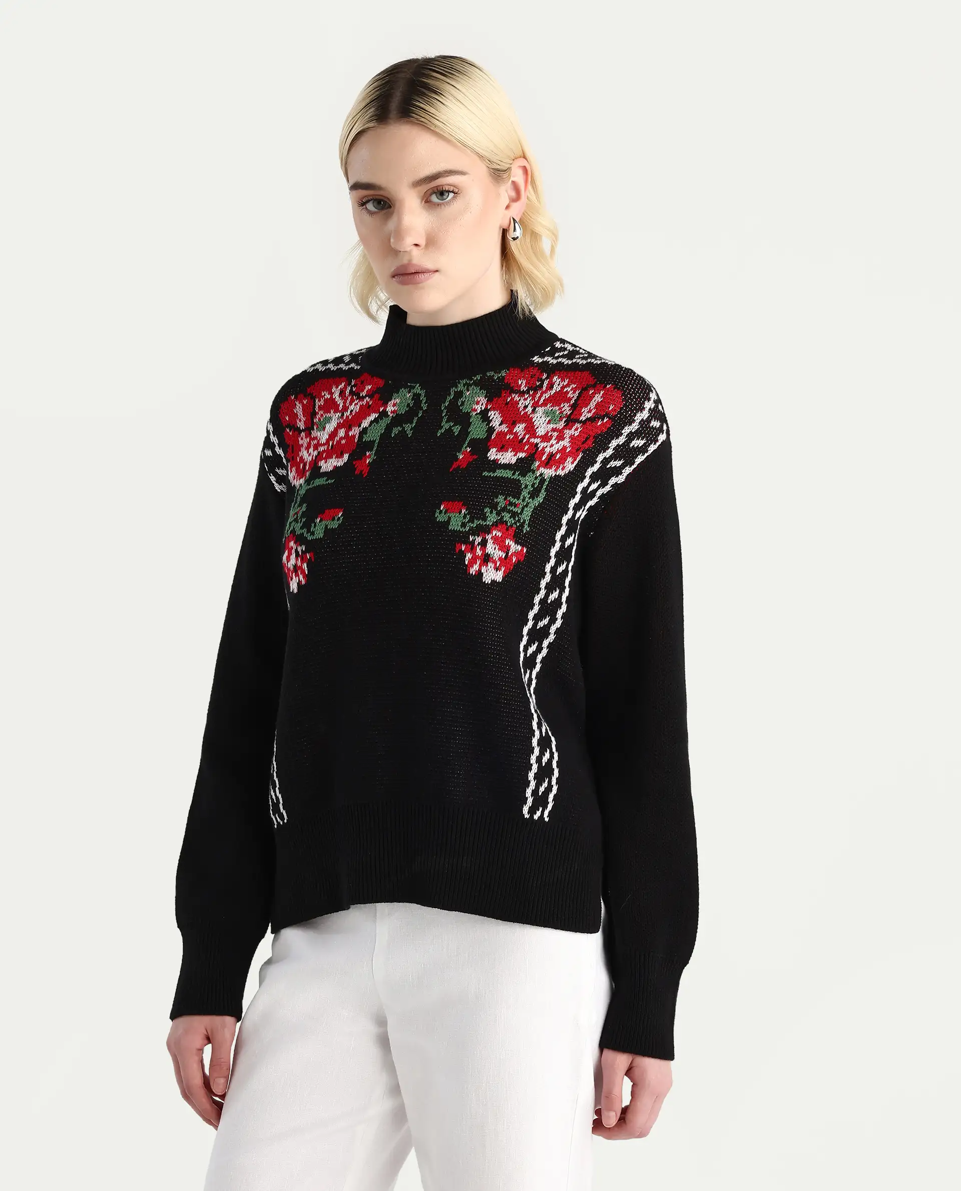 Rareism Women's Cosnew Black Cotton High Neck Relaxed Fit Sweater - Image 6