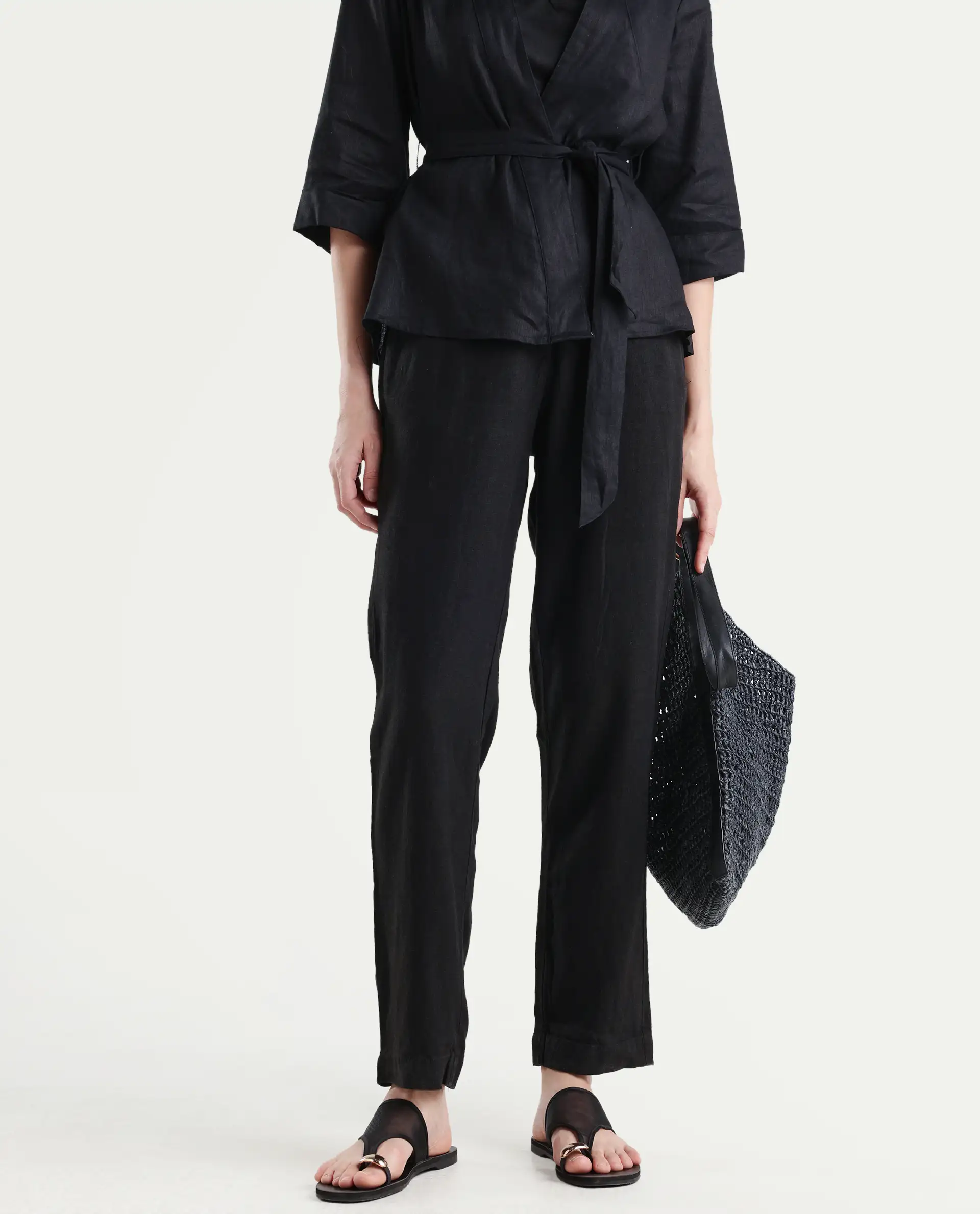 Rareism Women's Costa-B Black Linen Plain Ankle Length Tapered Trouser - Image 2