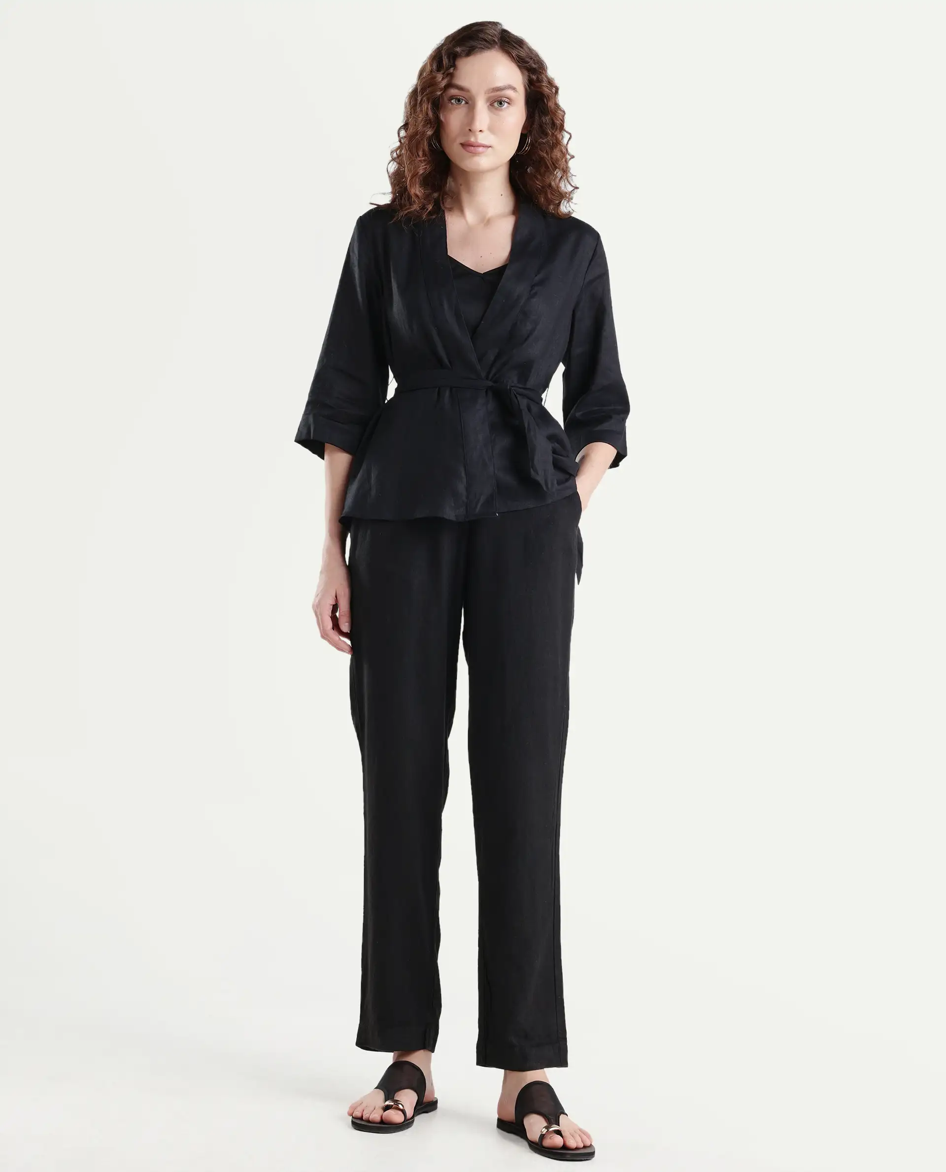 Rareism Women's Costa-B Black Linen Plain Ankle Length Tapered Trouser - Image 3