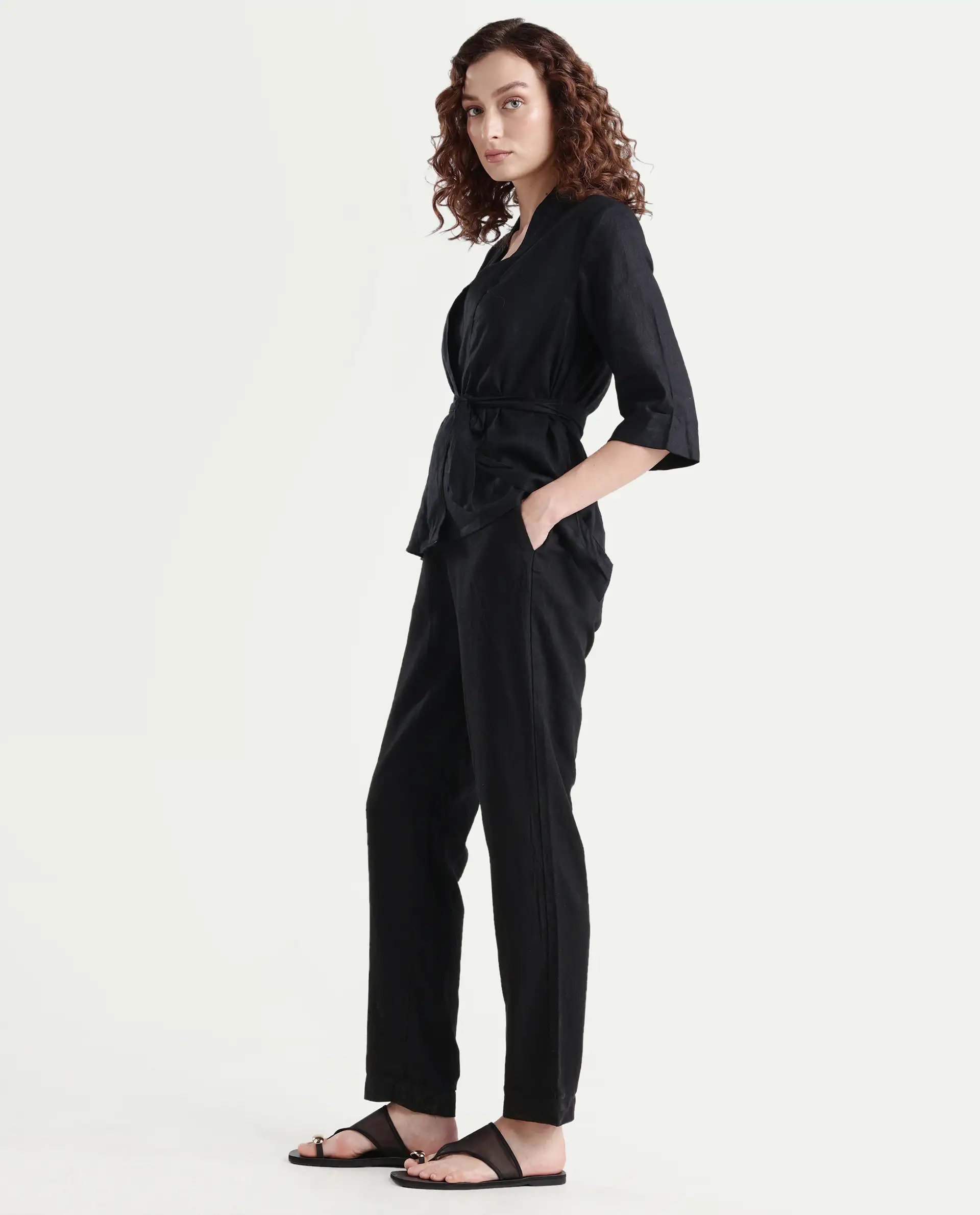 Rareism Women's Costa-B Black Linen Plain Ankle Length Tapered Trouser - Image 5