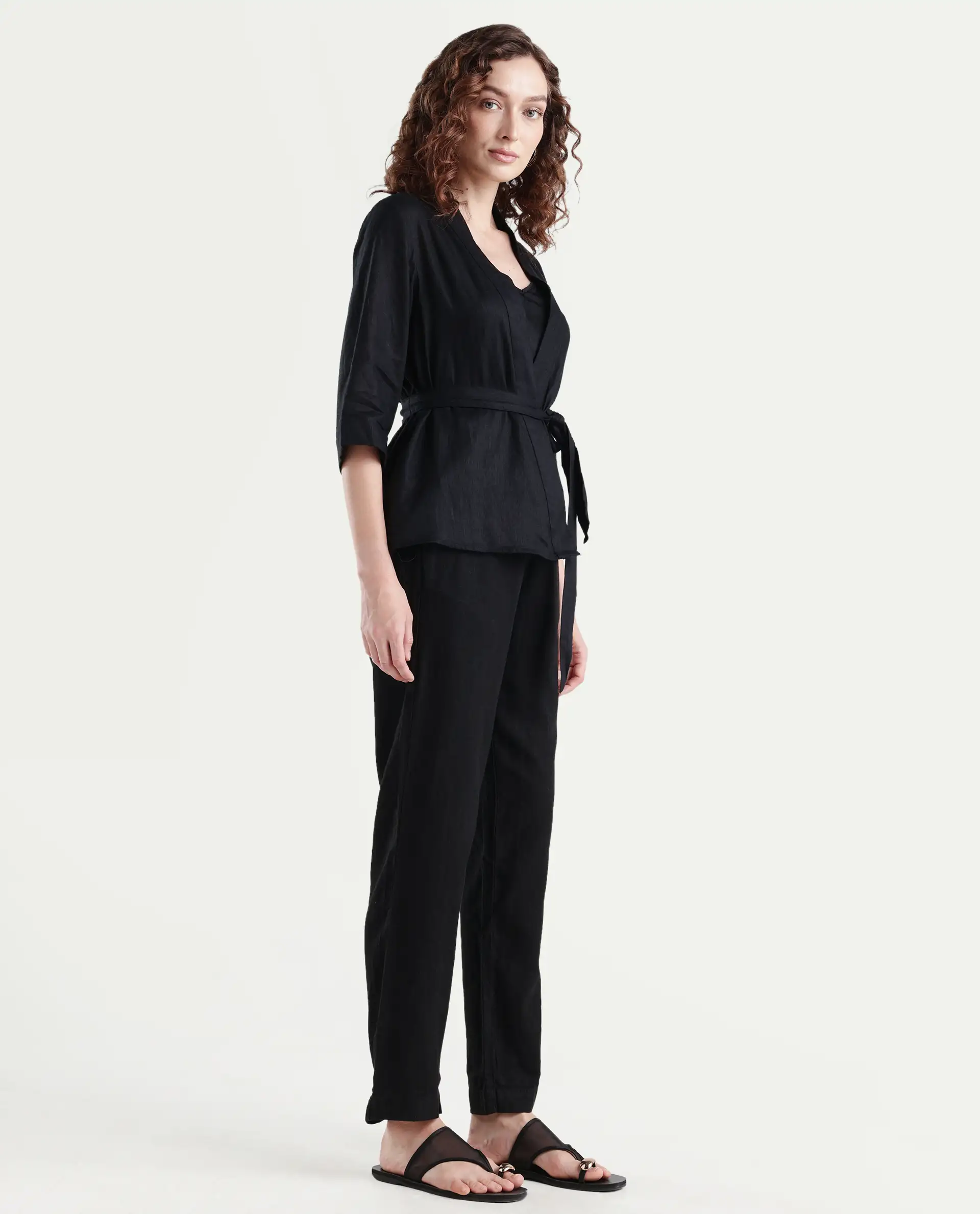 Rareism Women's Costa-B Black Linen Plain Ankle Length Tapered Trouser - Image 6
