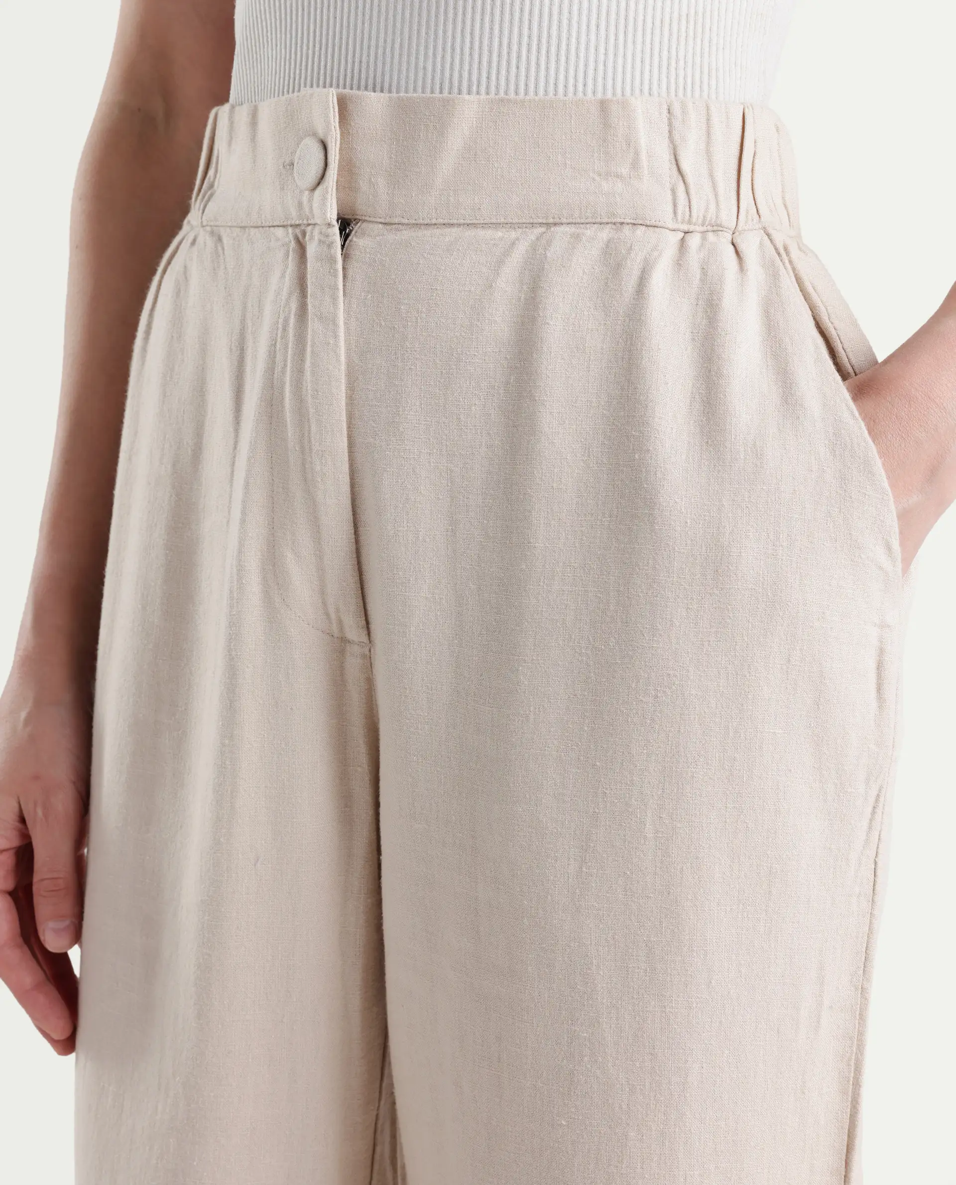 Rareism Women's Costa-B Light Beige Linen Plain Ankle Length Tapered Trouser - Image 4