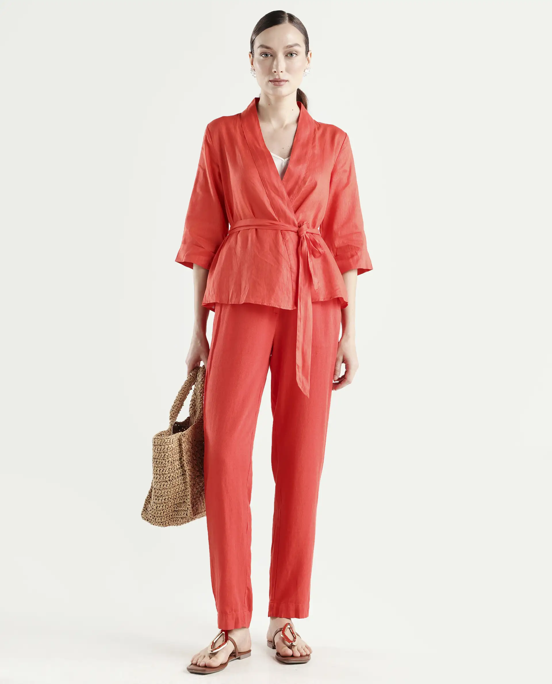 Rareism Women's Costa-B Pastel Rust Linen Plain Ankle Length Tapered Trouser