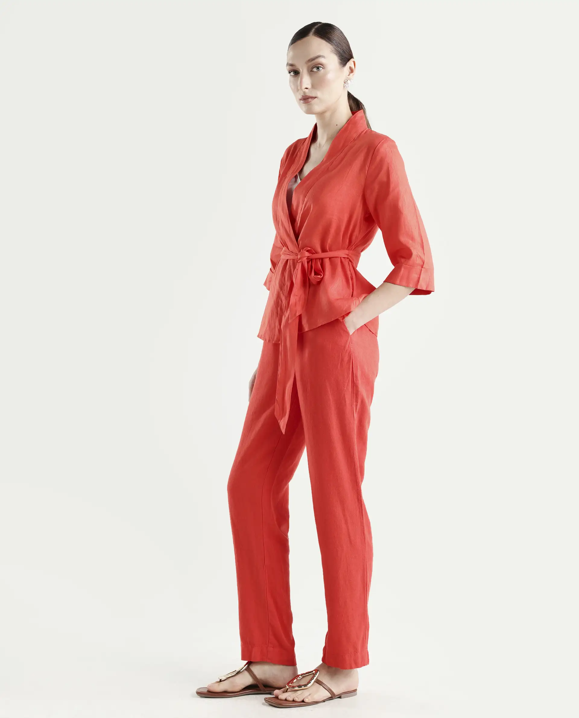 Rareism Women's Costa-B Pastel Rust Linen Plain Ankle Length Tapered Trouser - Image 5