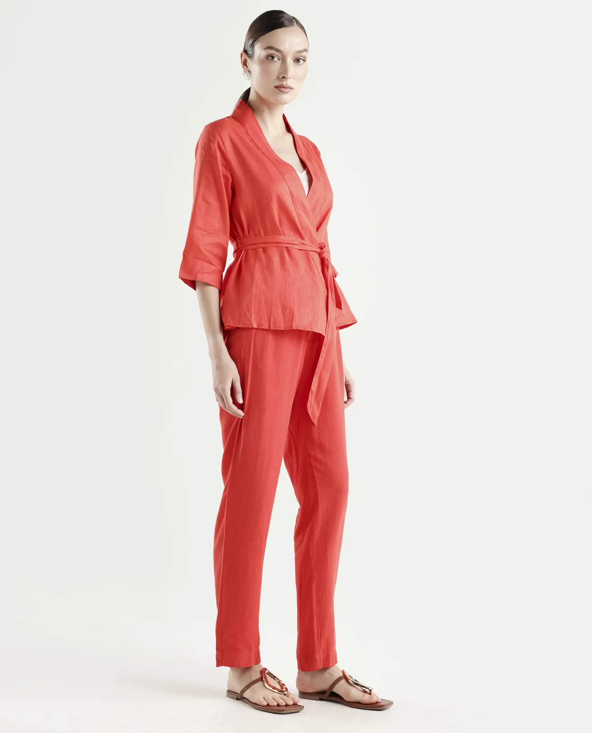 Rareism Women's Costa-B Pastel Rust Linen Plain Ankle Length Tapered Trouser - Image 6