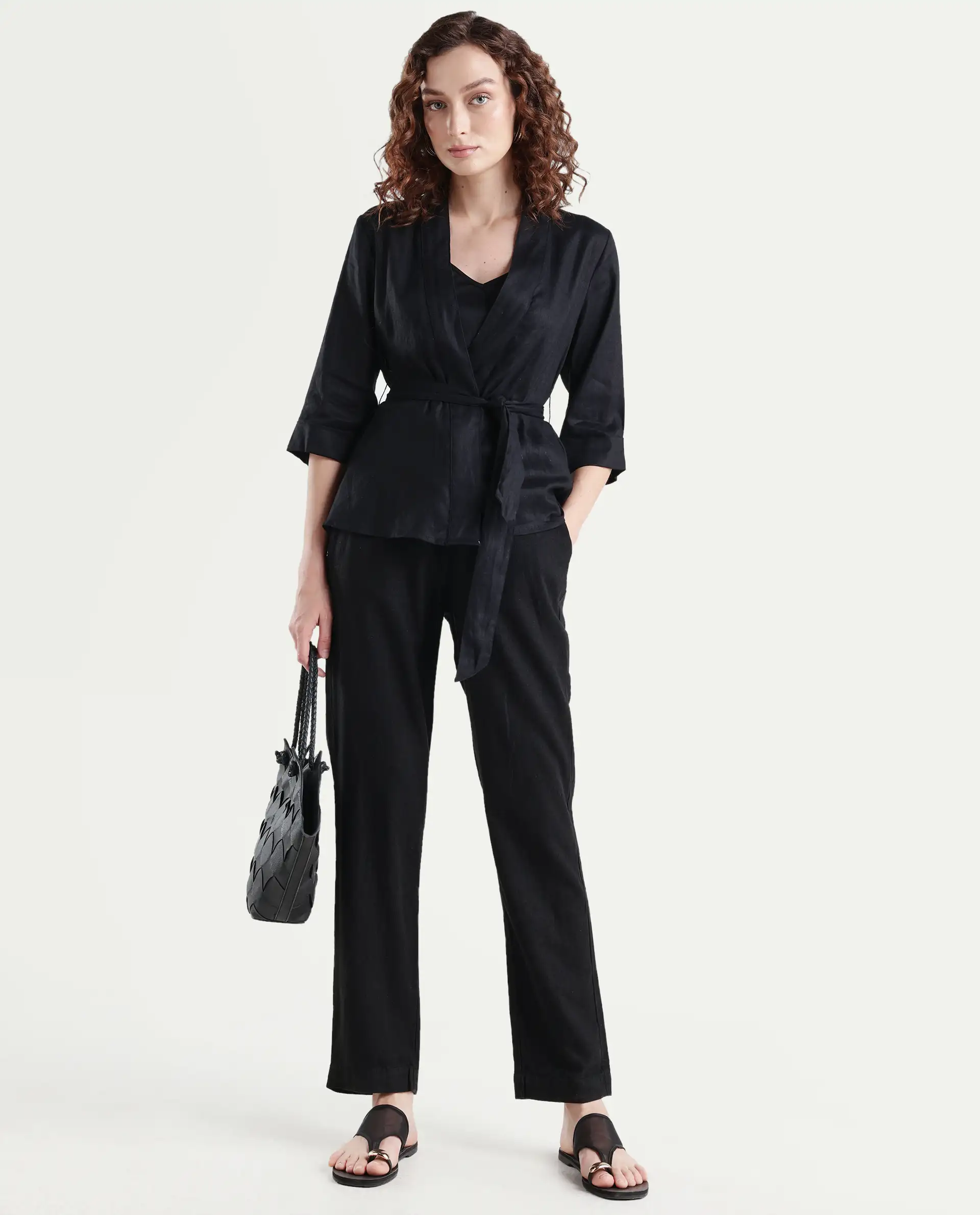 Rareism Women's Costa-T Black Cotton Blend Overlap Neck Plain Regular Fit Top - Image 2