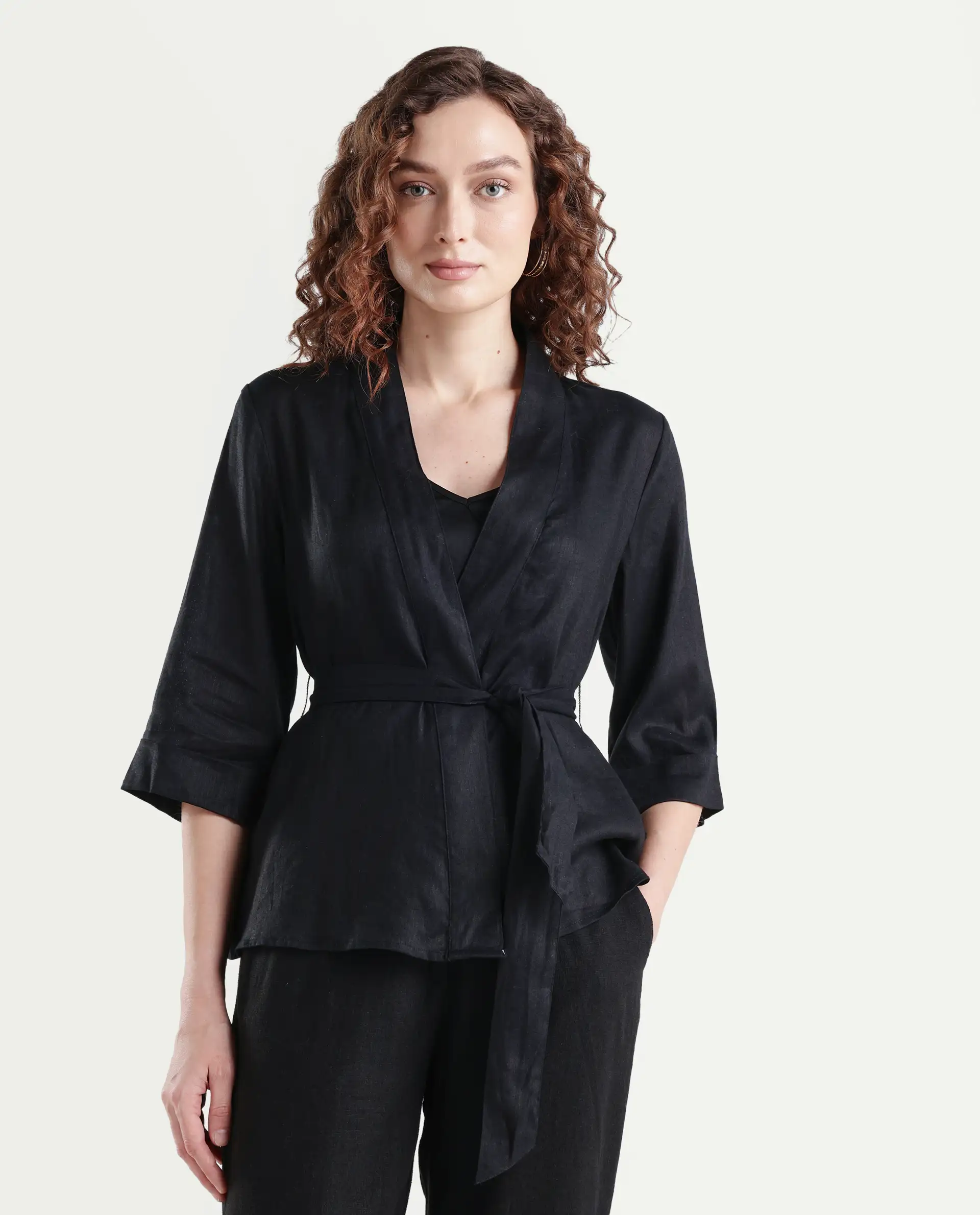 Rareism Women's Costa-T Black Cotton Blend Overlap Neck Plain Regular Fit Top - Image 3