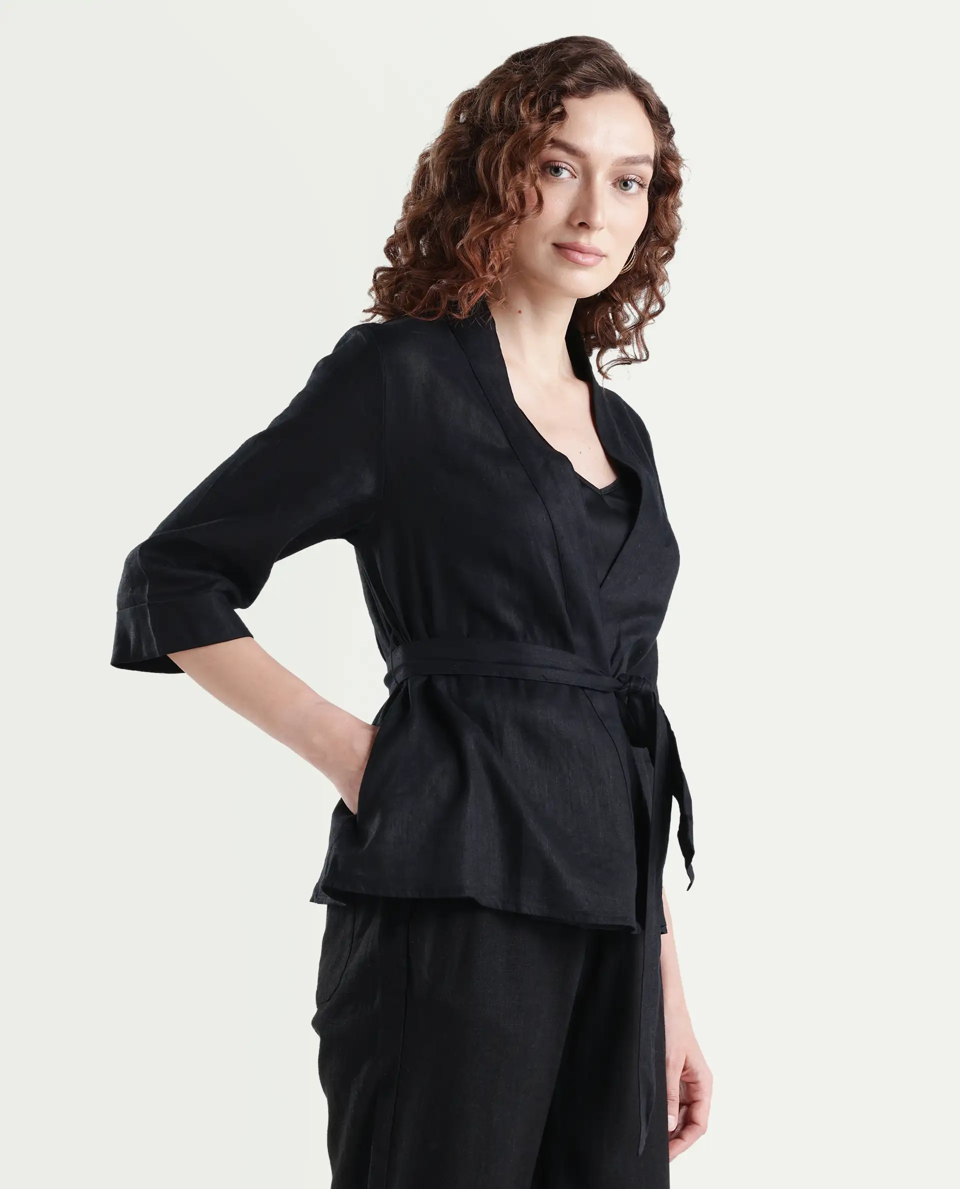 Rareism Women's Costa-T Black Cotton Blend Overlap Neck Plain Regular Fit Top - Image 6