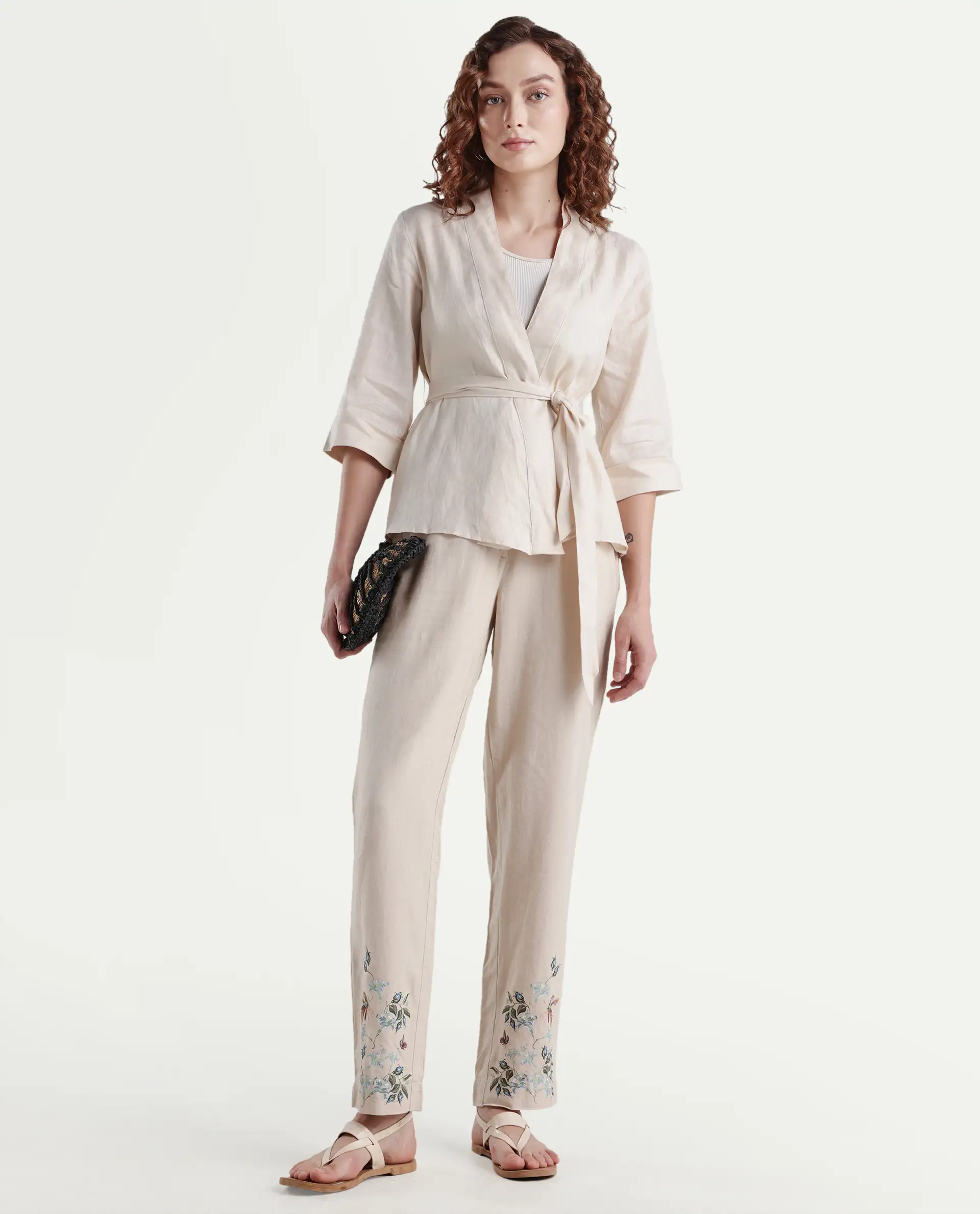 Rareism Women's Costa-T Light Beige Cotton Blend Overlap Neck Plain Regular Fit Top - Image 2