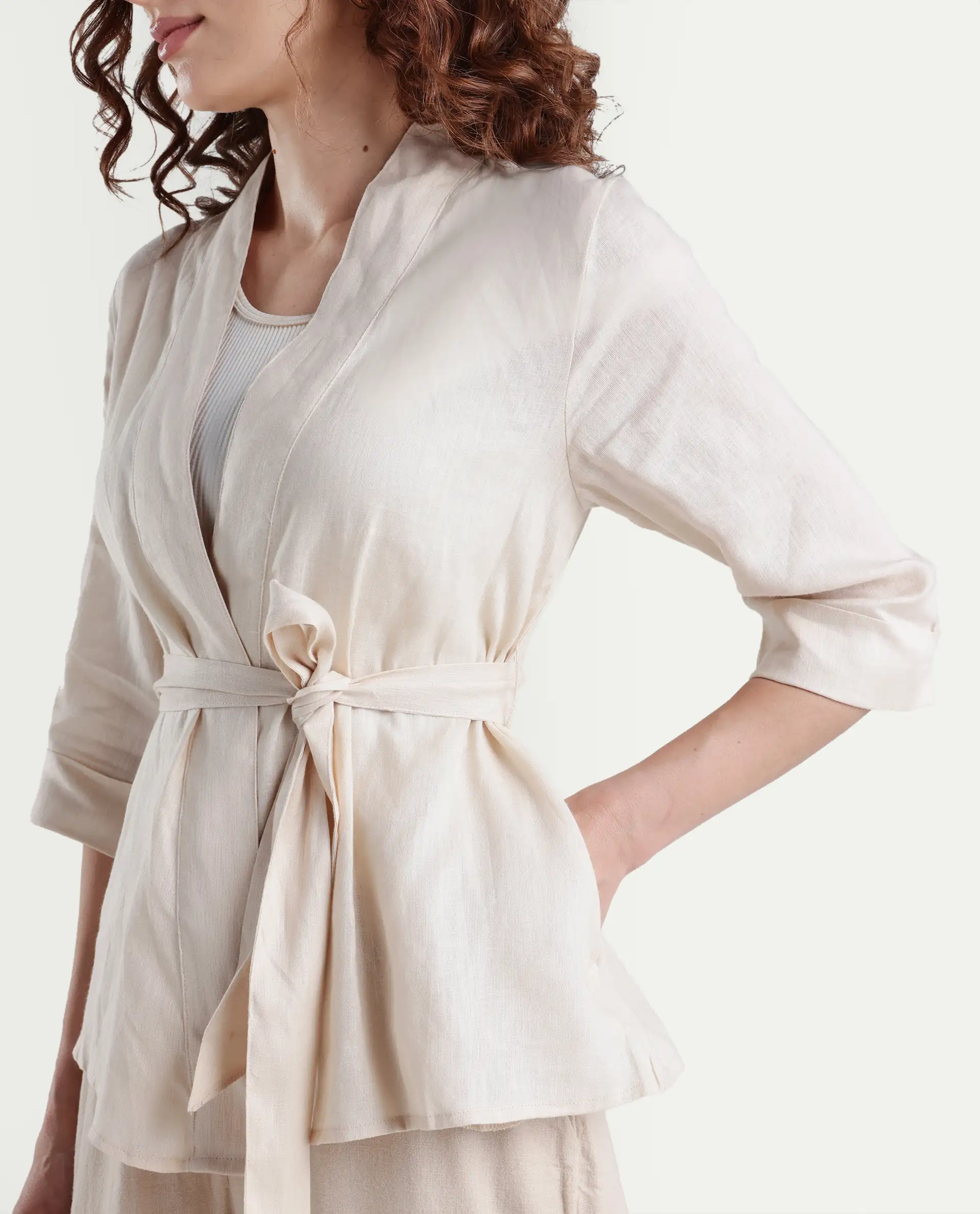 Rareism Women's Costa-T Light Beige Cotton Blend Overlap Neck Plain Regular Fit Top - Image 4