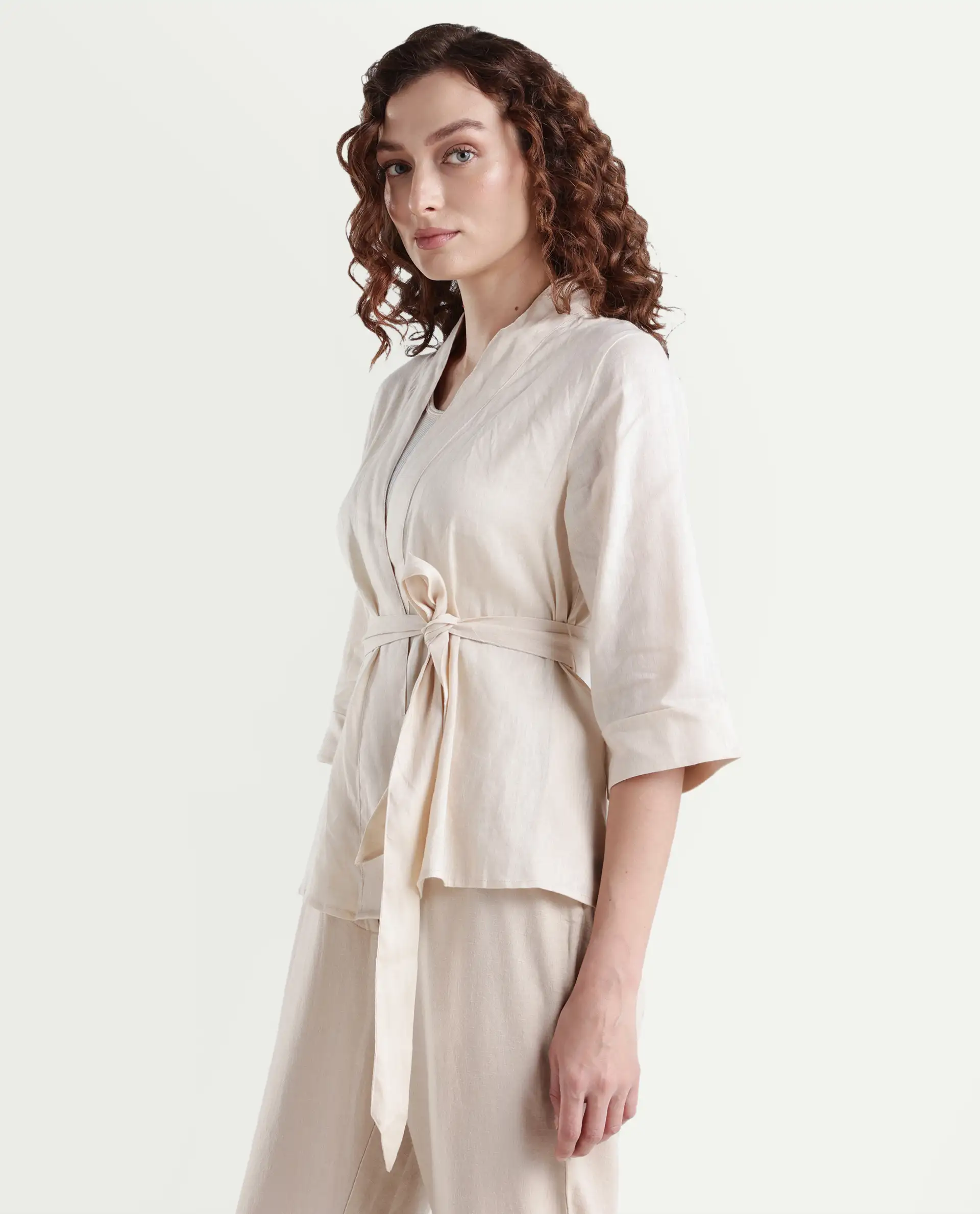 Rareism Women's Costa-T Light Beige Cotton Blend Overlap Neck Plain Regular Fit Top - Image 5