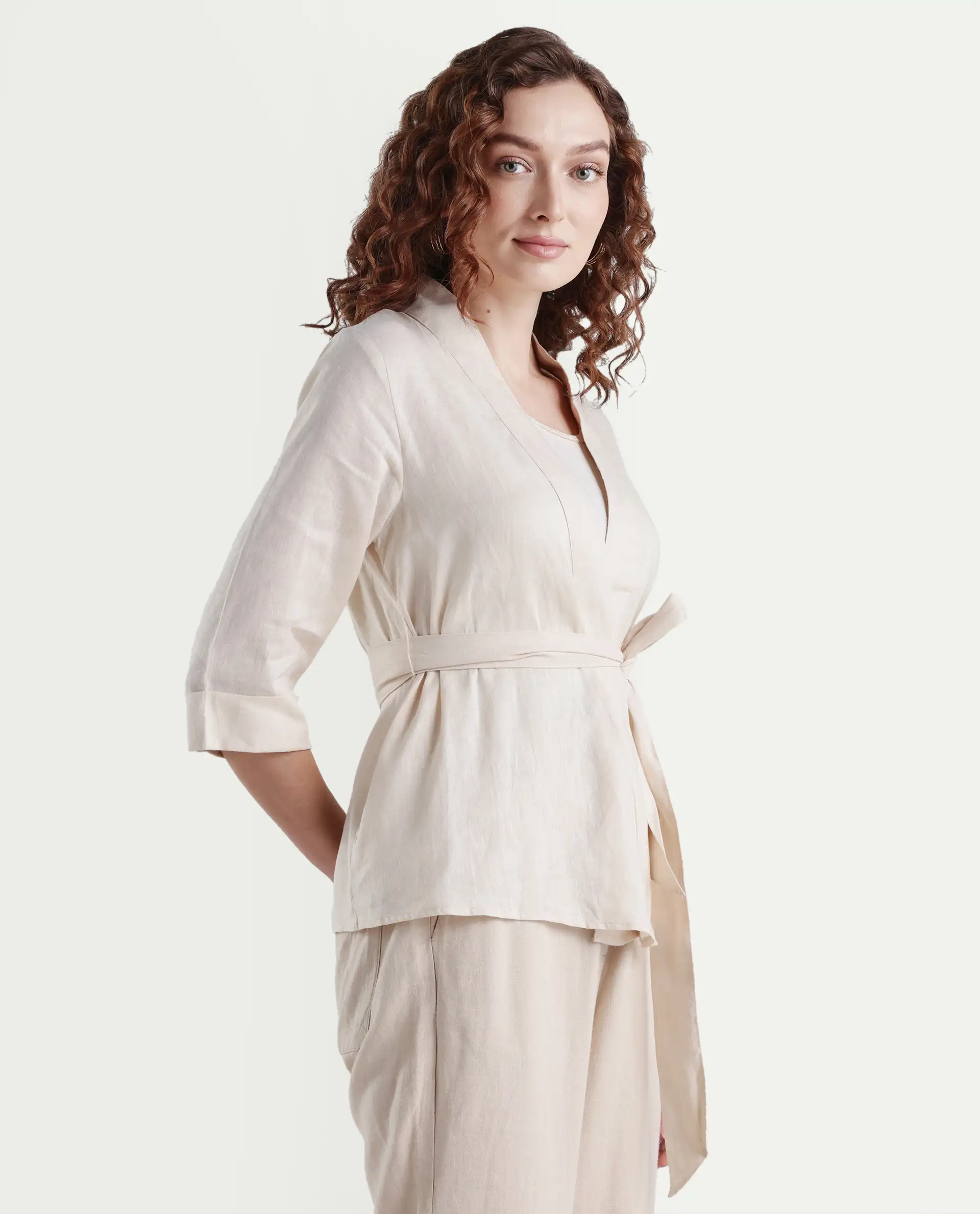 Rareism Women's Costa-T Light Beige Cotton Blend Overlap Neck Plain Regular Fit Top - Image 6