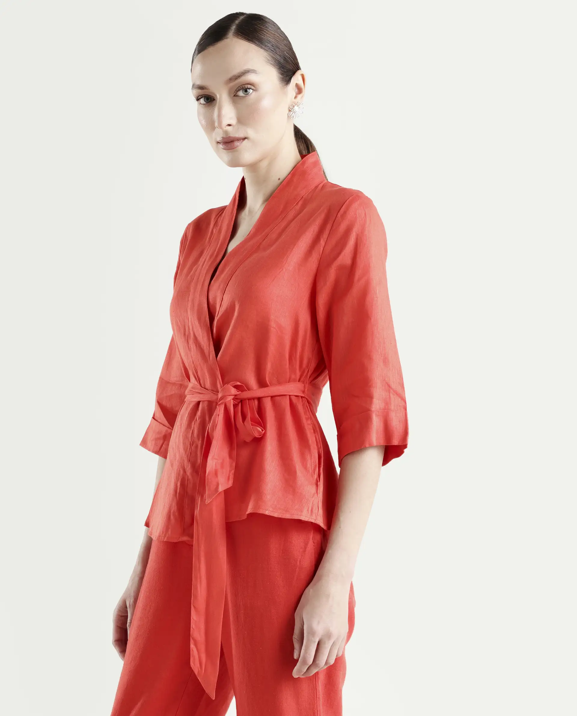 Rareism Women's Costa-T Pastel Rust Cotton Blend Overlap Neck Plain Regular Fit Top - Image 5