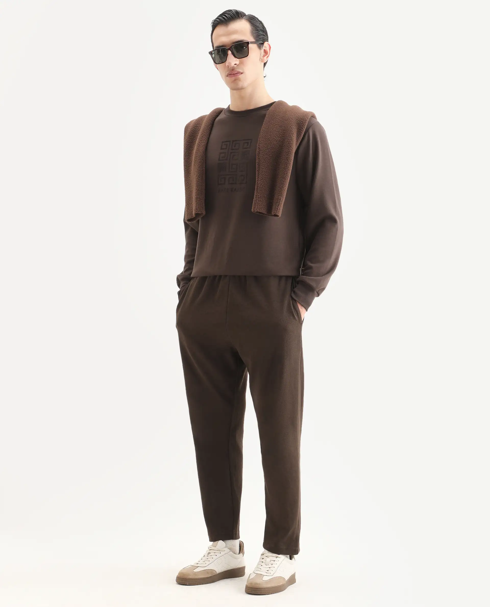 Rare Rabbit Men's Costo-B Dark Brown Polyester Blend Plain Regular Fit Track Pant