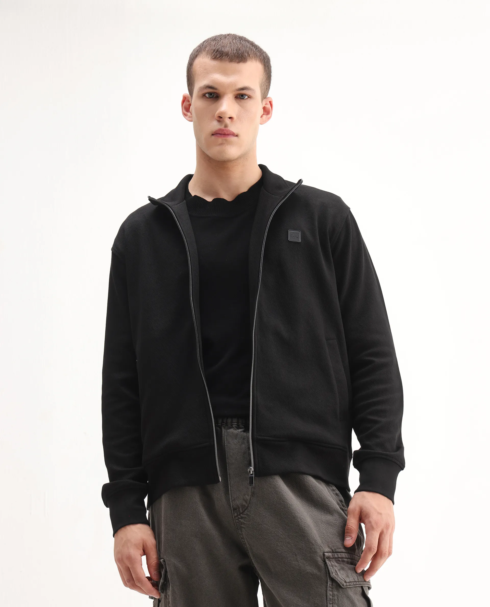 Rare Rabbit Men's Costo-J Black Polyester Blend Plain Regular Fit Full Sleeve High Neck Sweatshirt - Image 4