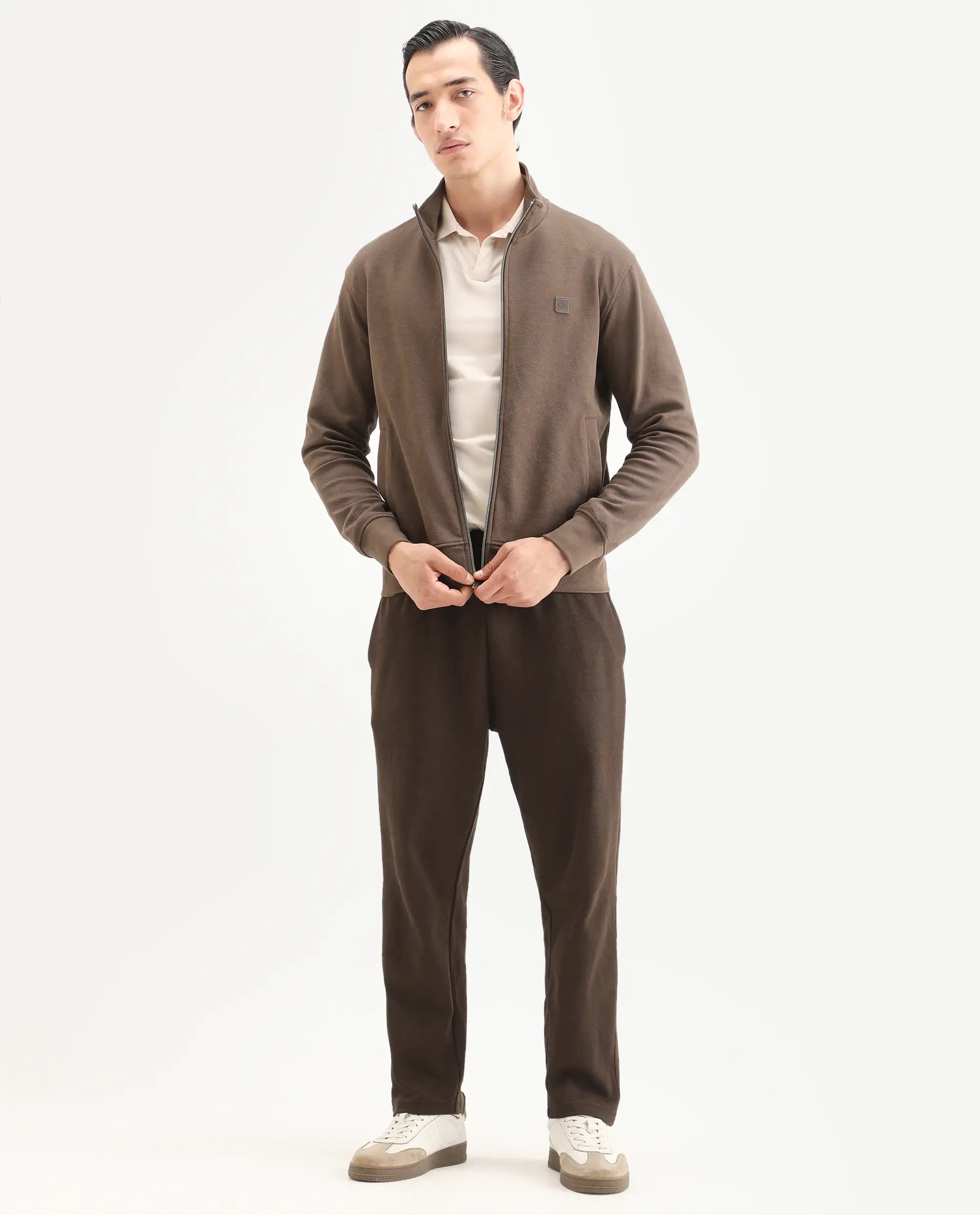 Rare Rabbit Men's Costo-J Dark Beige Polyester Blend Plain Relaxed Fit Full Sleeve High Neck Sweatshirt - Image 2