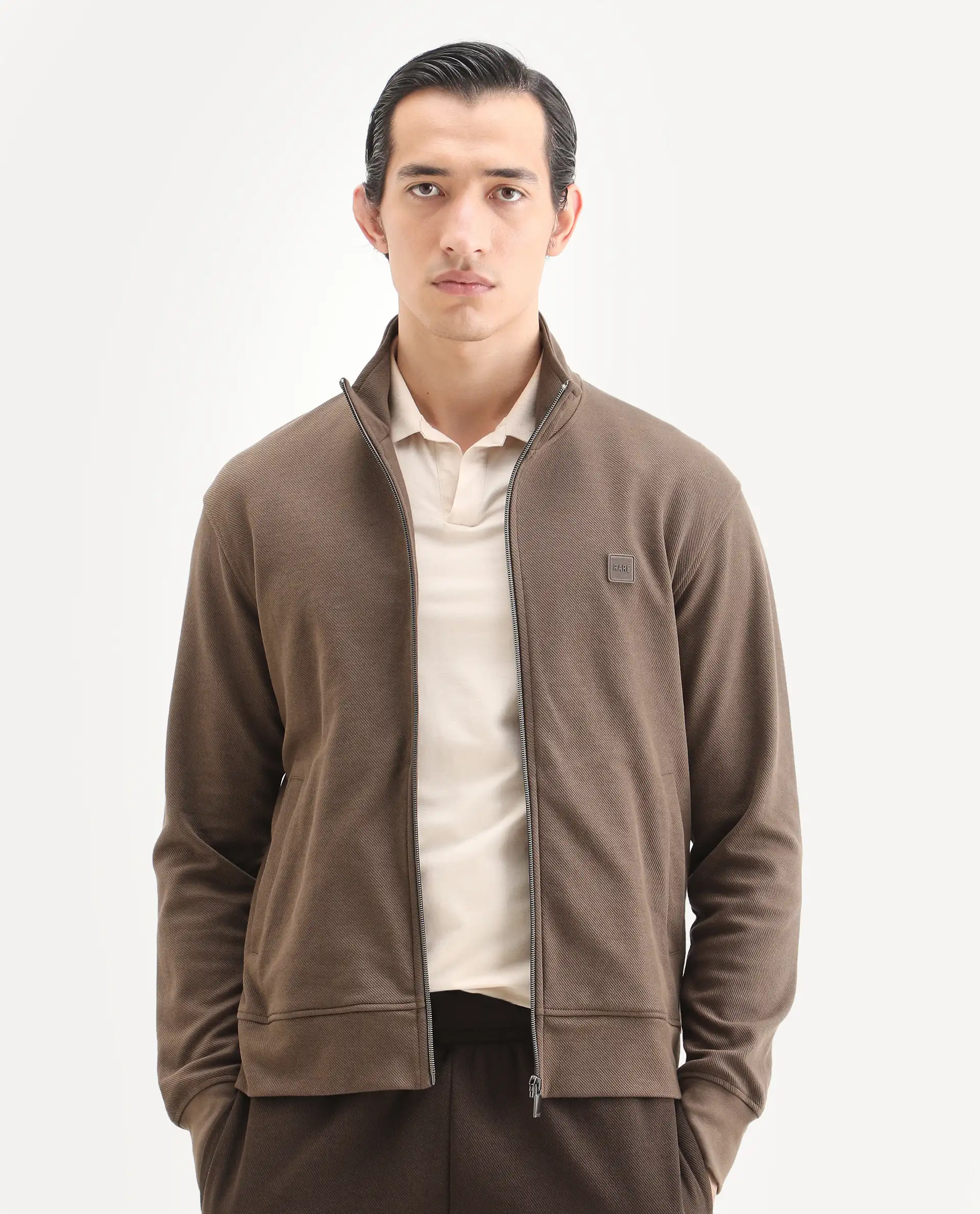 Rare Rabbit Men's Costo-J Dark Beige Polyester Blend Plain Relaxed Fit Full Sleeve High Neck Sweatshirt - Image 4
