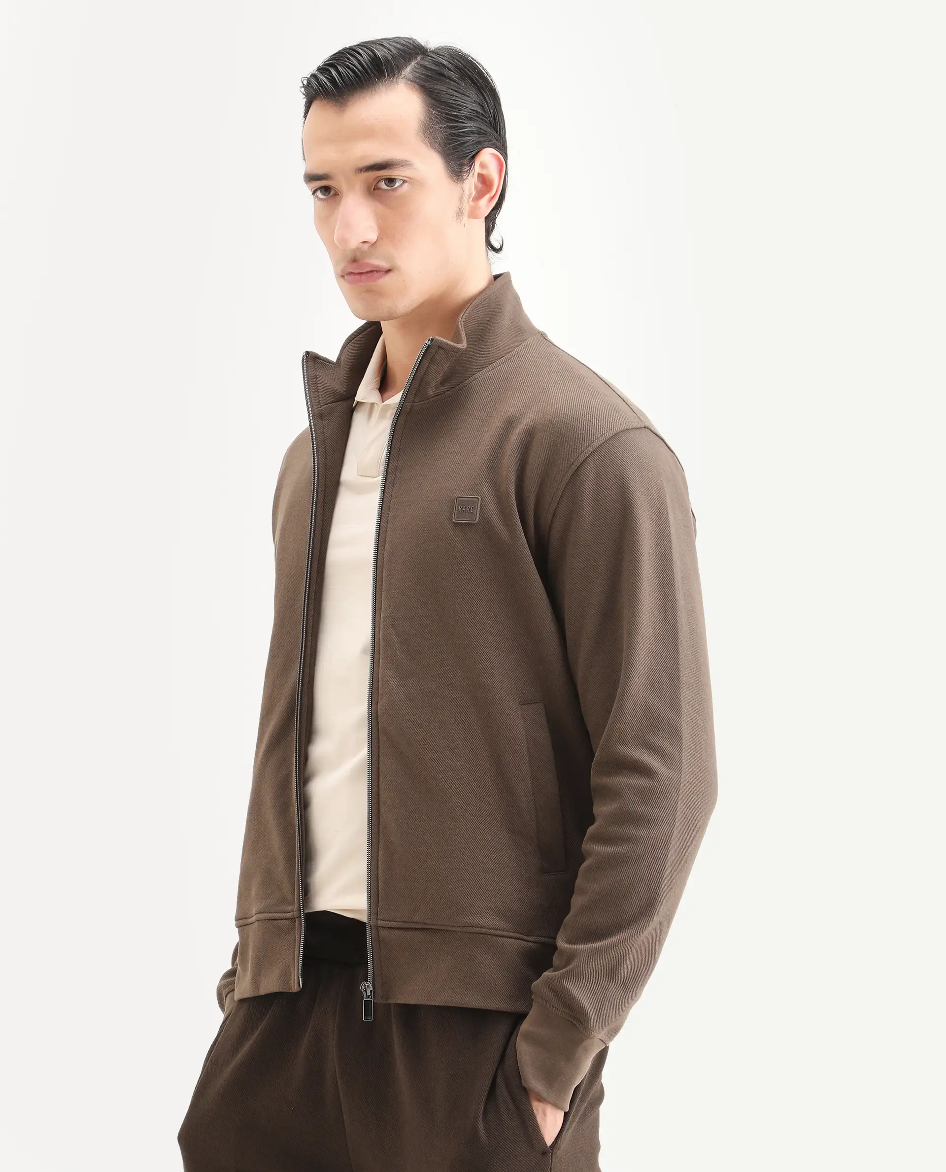 Rare Rabbit Men's Costo-J Dark Beige Polyester Blend Plain Relaxed Fit Full Sleeve High Neck Sweatshirt - Image 5