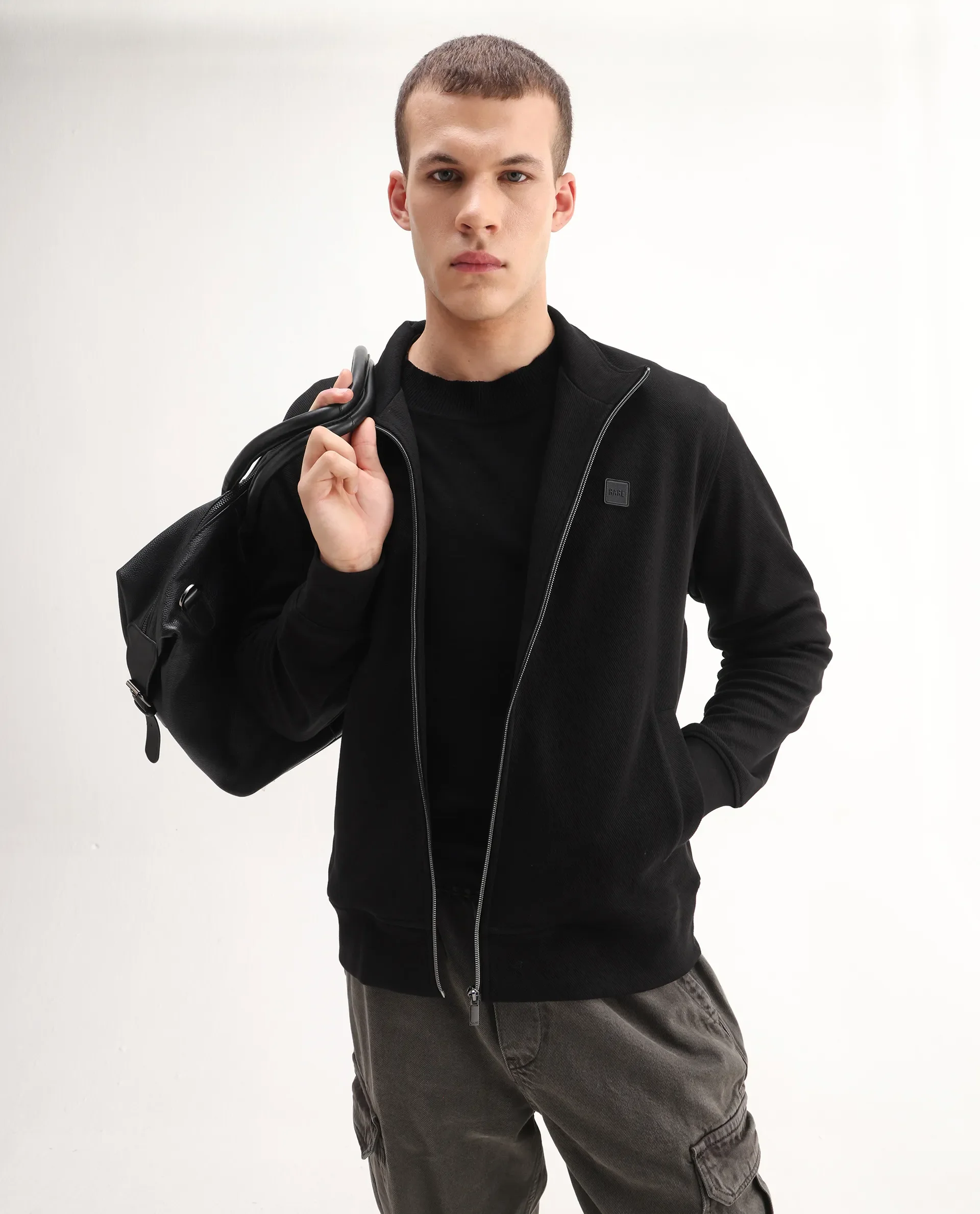 Rare Rabbit Men's Costo-J-S26 Black Polyester Blend Fabric Full Sleeve High Neck Relaxed Fit Plain Sweatshirt