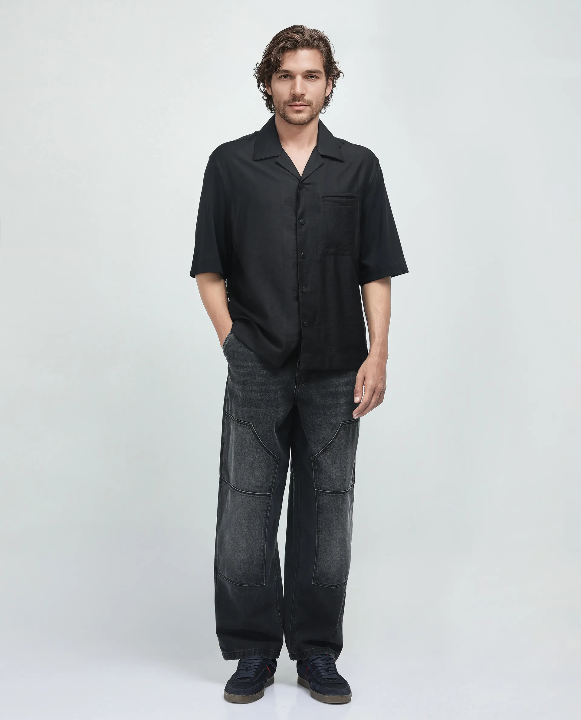 Rare Rabbit Men's Costo Black Viscose Blend Cut And Sew Boxy Fit Half Sleeve Cuban Collar Shirt - Image 2