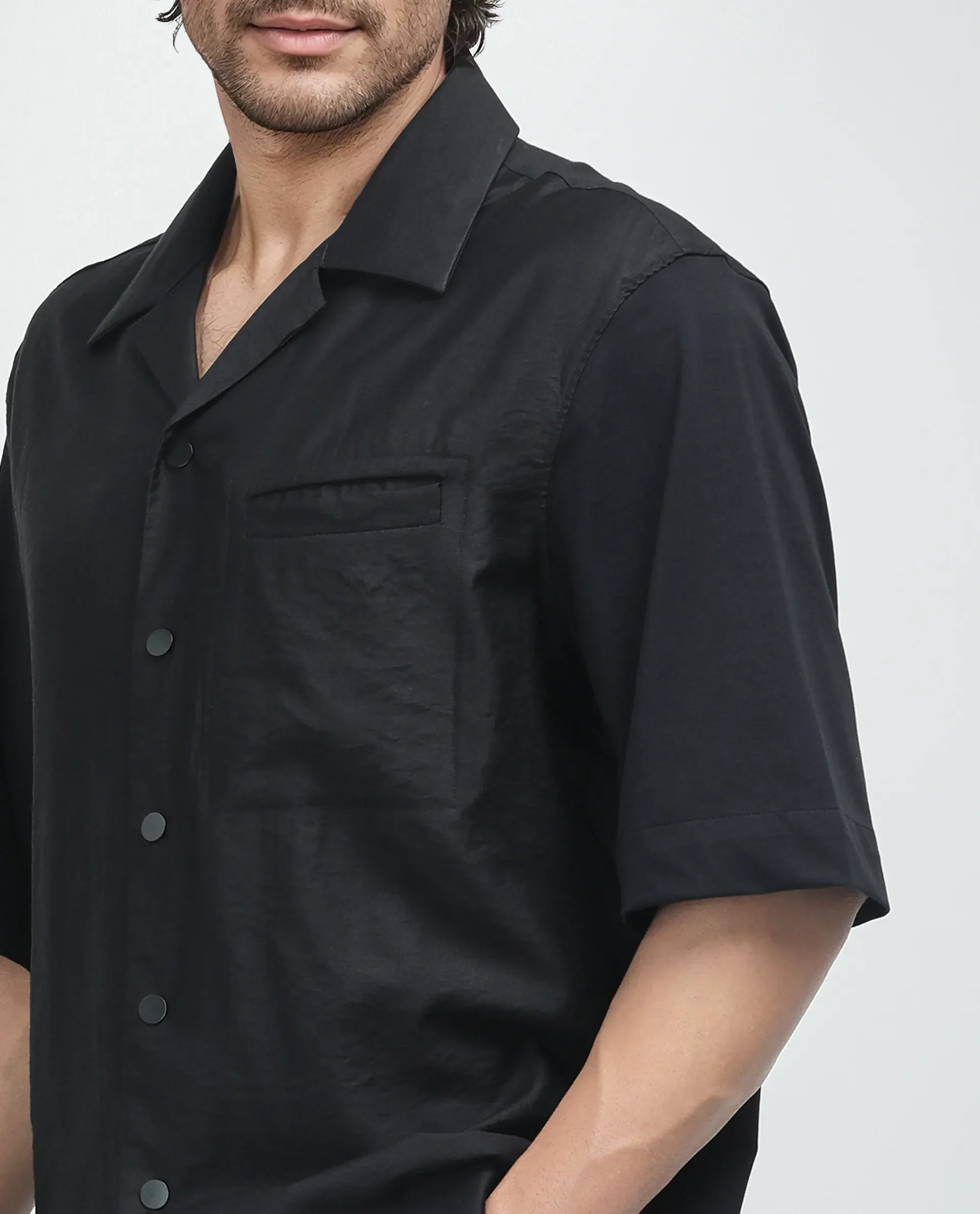 Rare Rabbit Men's Costo Black Viscose Blend Cut And Sew Boxy Fit Half Sleeve Cuban Collar Shirt - Image 3