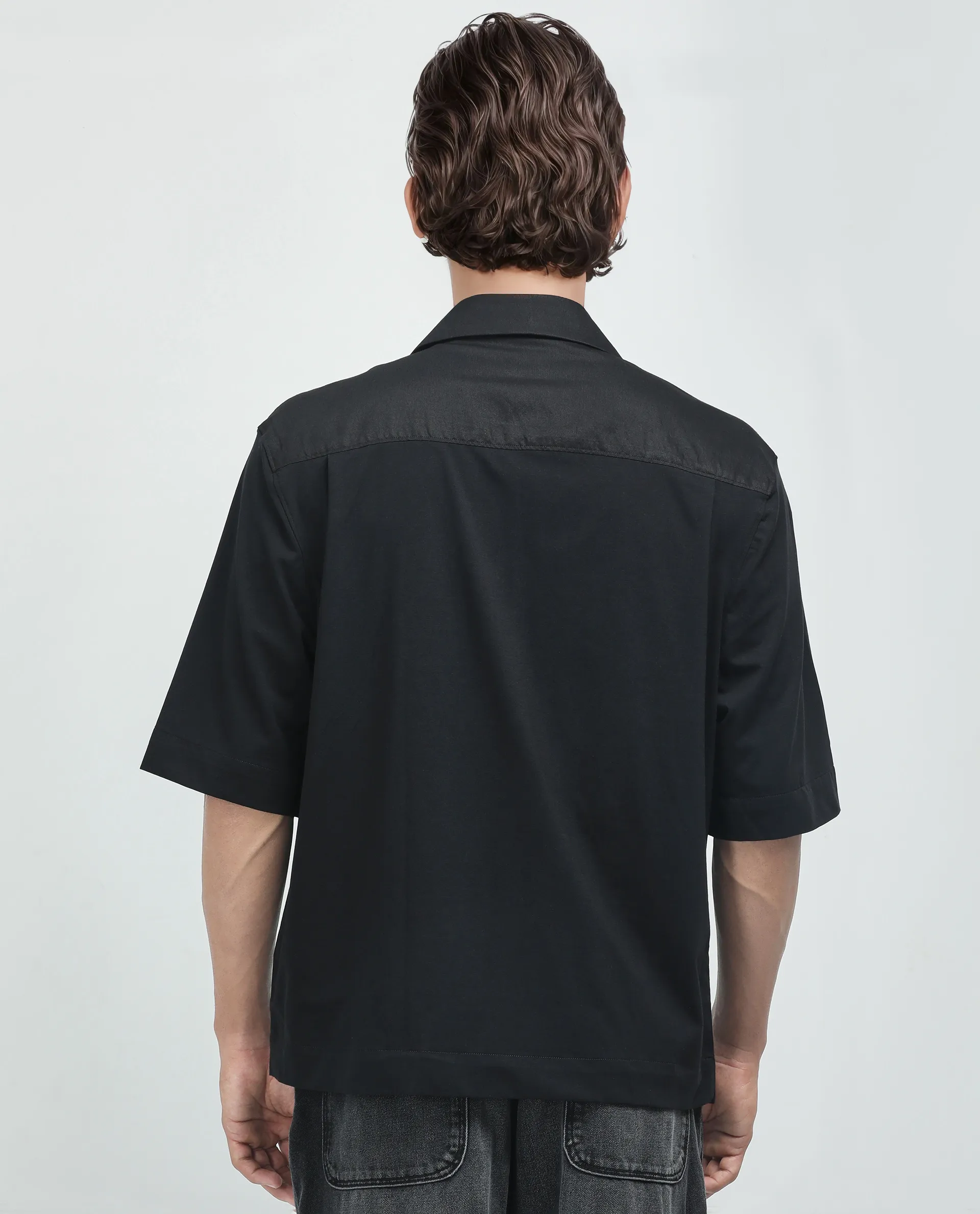 Rare Rabbit Men's Costo Black Viscose Blend Cut And Sew Boxy Fit Half Sleeve Cuban Collar Shirt - Image 4