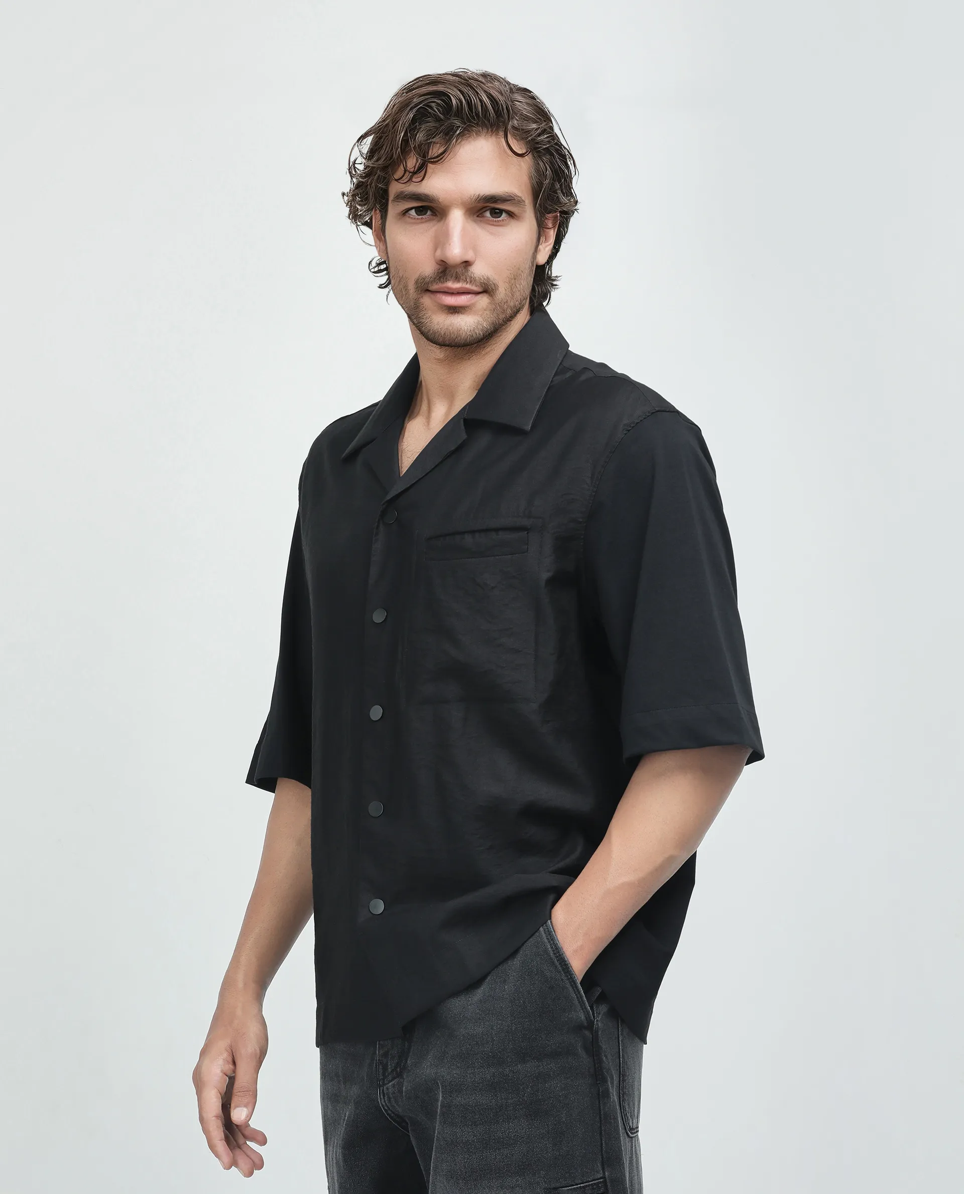 Rare Rabbit Men's Costo Black Viscose Blend Cut And Sew Boxy Fit Half Sleeve Cuban Collar Shirt - Image 5