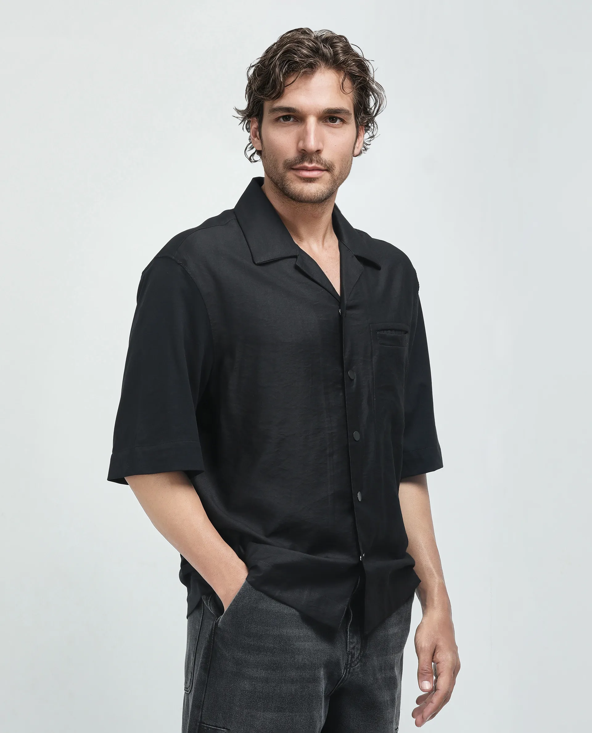 Rare Rabbit Men's Costo Black Viscose Blend Cut And Sew Boxy Fit Half Sleeve Cuban Collar Shirt - Image 6