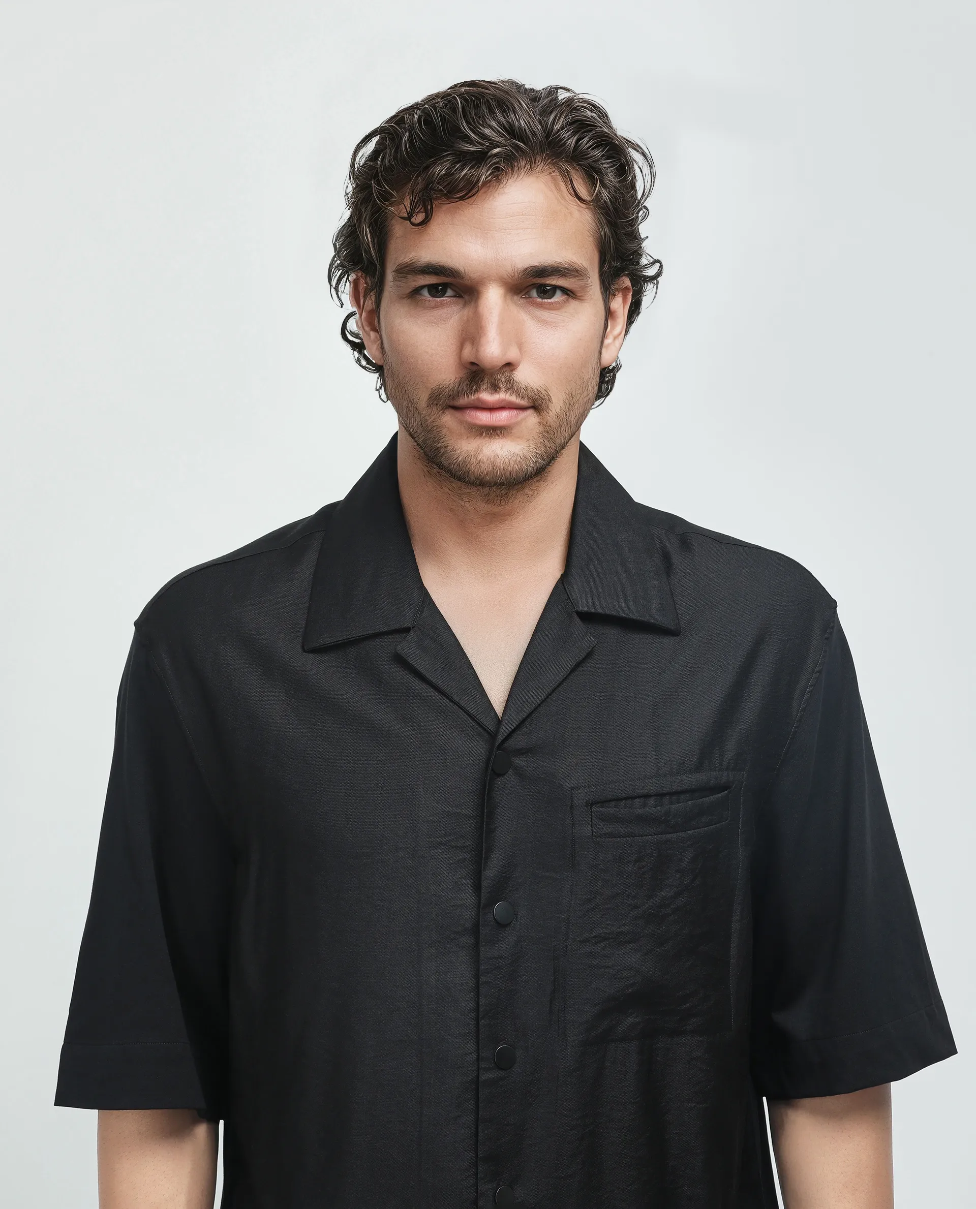 Rare Rabbit Men's Costo Black Viscose Blend Cut And Sew Boxy Fit Half Sleeve Cuban Collar Shirt - Image 7
