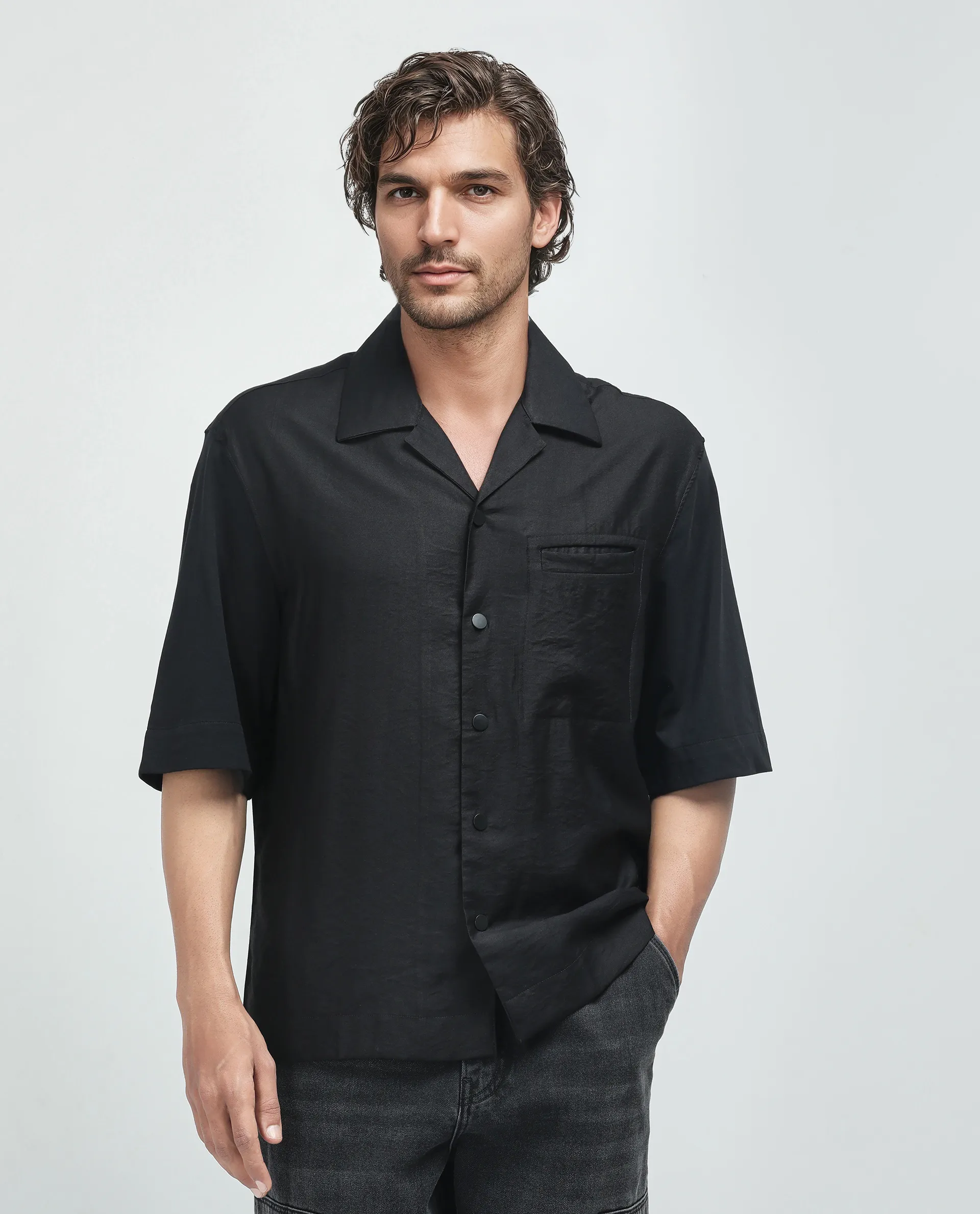 Rare Rabbit Men's Costo Black Viscose Blend Cut And Sew Boxy Fit Half Sleeve Cuban Collar Shirt - Image 8