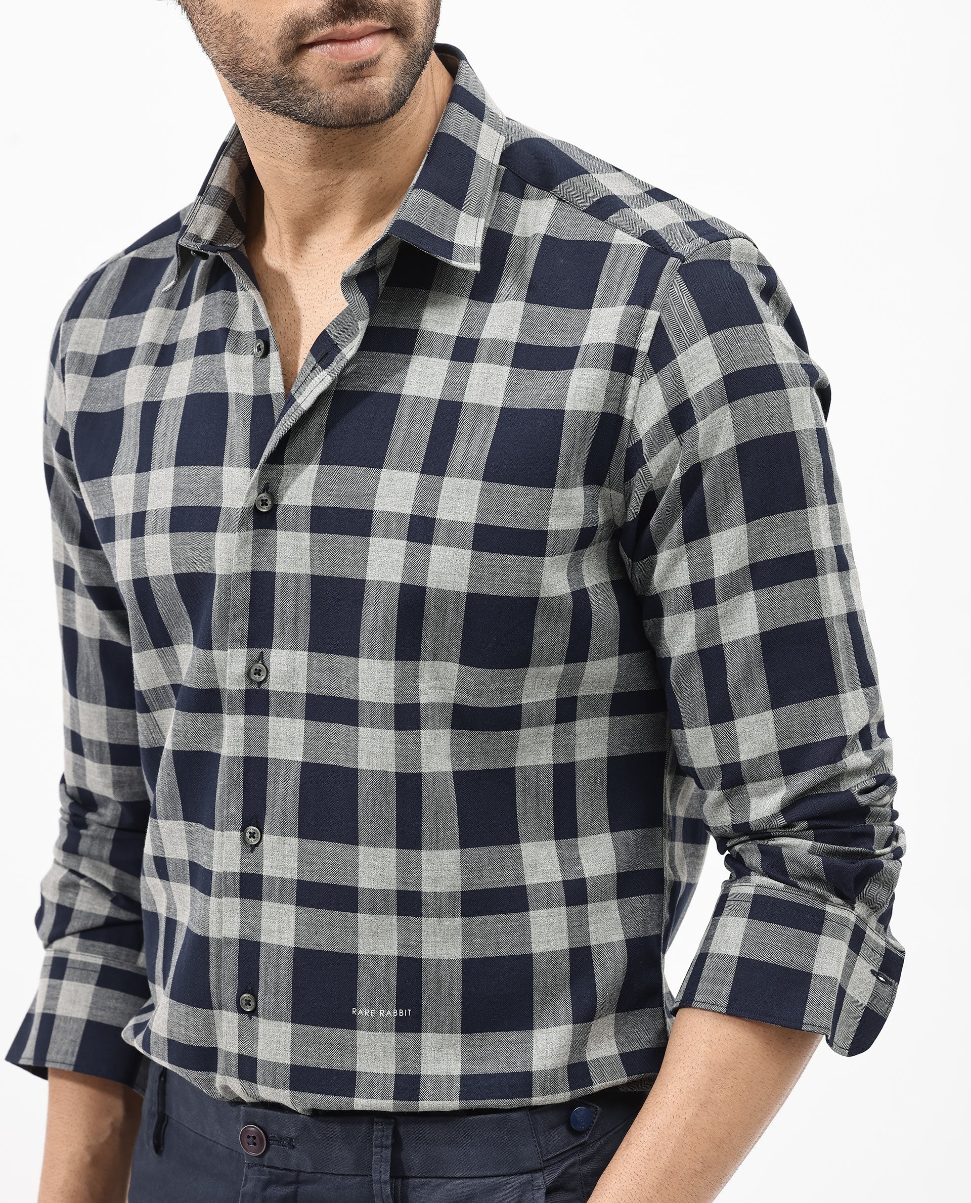 Rare Rabbit Men's Costy Navy Cotton Checked Print Regular Fit Full Sleeve Collared Shirt - Image 2