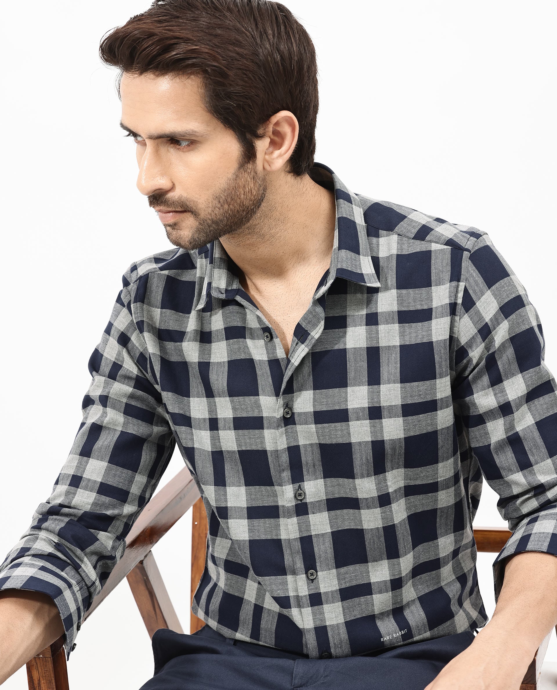 Rare Rabbit Men's Costy Navy Cotton Checked Print Regular Fit Full Sleeve Collared Shirt - Image 3