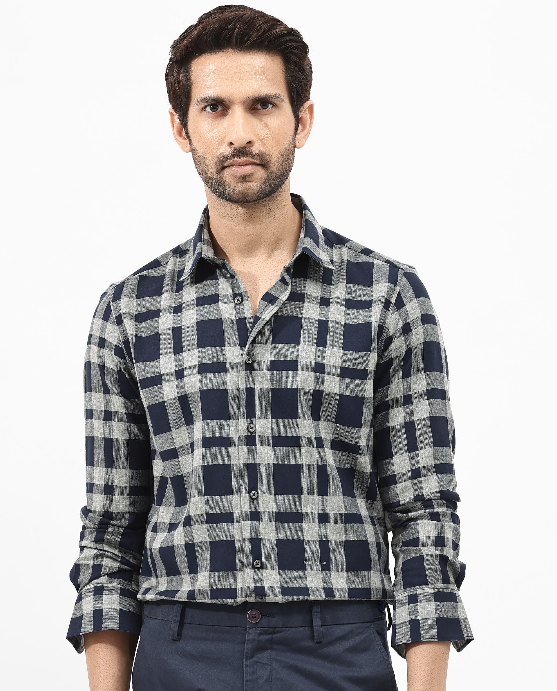 Rare Rabbit Men's Costy Navy Cotton Checked Print Regular Fit Full Sleeve Collared Shirt - Image 5