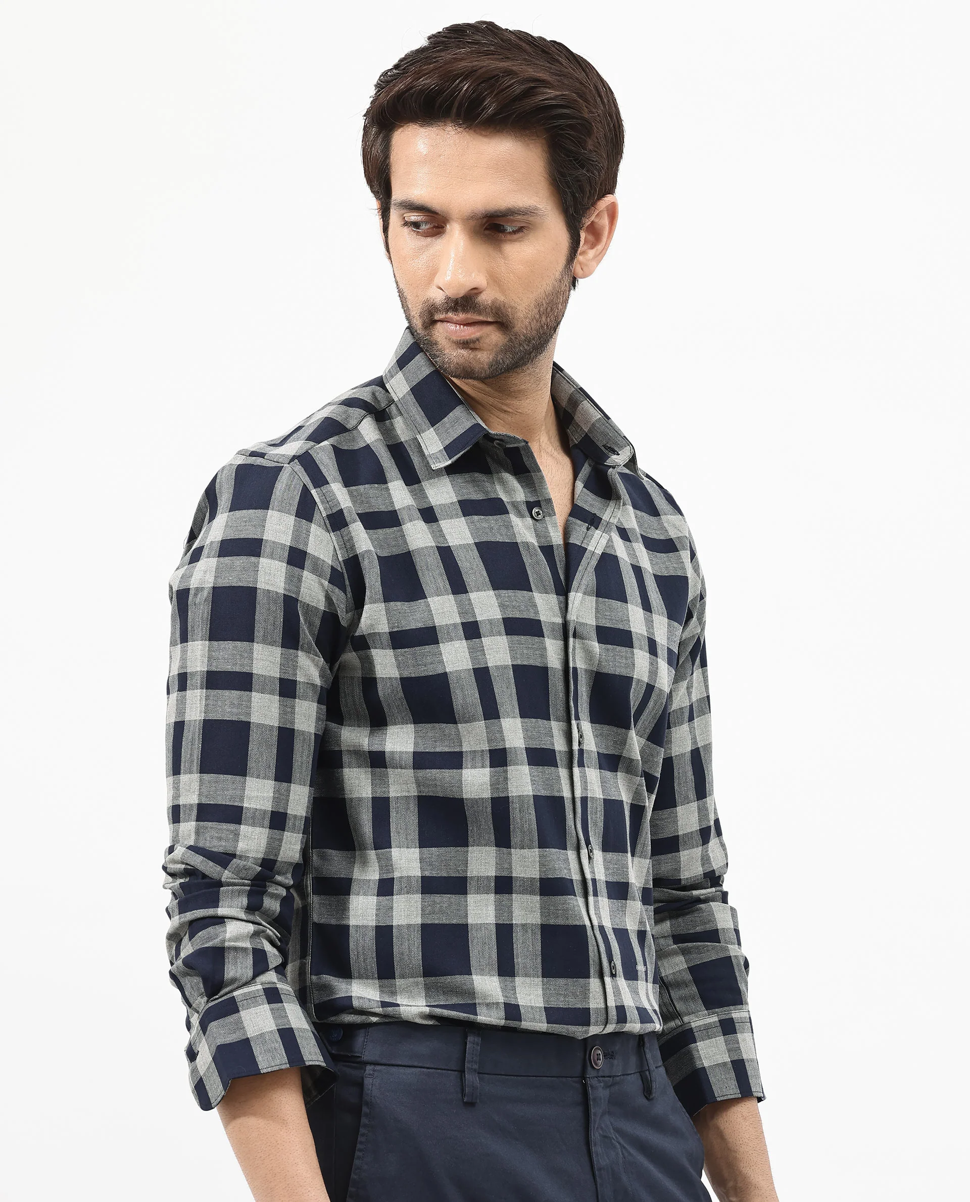 Rare Rabbit Men's Costy Navy Cotton Checked Print Regular Fit Full Sleeve Collared Shirt - Image 7
